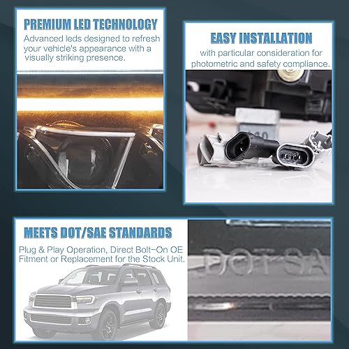 Miniatura 5 de VLAND Faros delanteros LED aptos para Toyota Tundra 2 generación (XK50) 2007-2013, Sequoia SR5 2 generación (XK60), proyector  ámbar 2008-2021