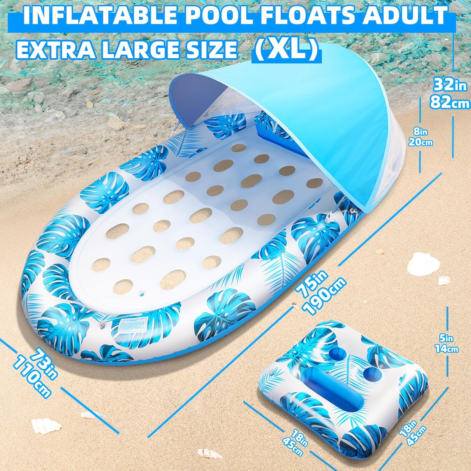 2025 New Pool Floats Adult with Canopy and Cup Holder, 3-in-1 Inflatable Pool Lounge Floaties for Swimming Pool Lake Beach Water, Raft Lounger Floating Chair for Adults Heavy Duty
