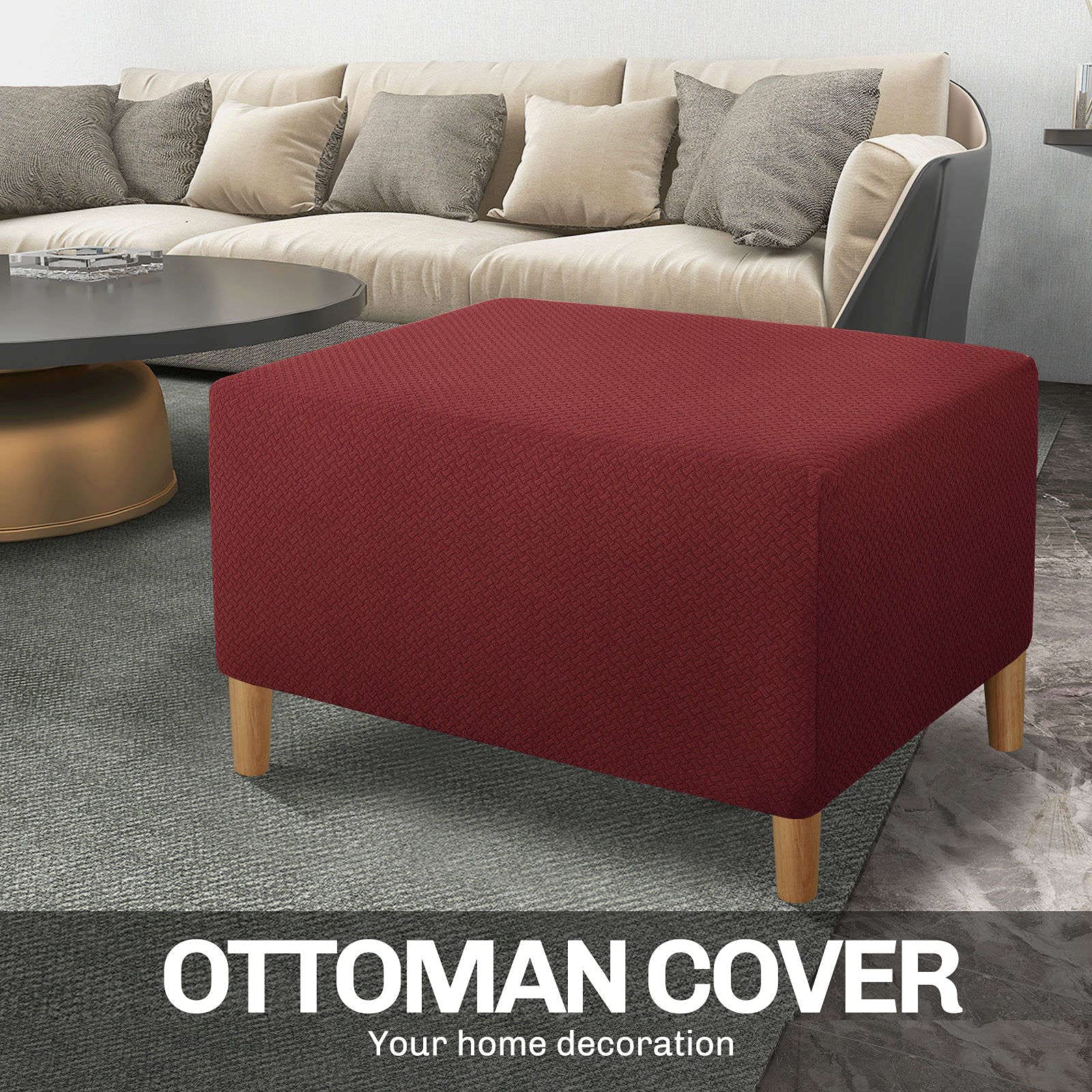 Stretch Ottoman Cover, Elastic Jacquard Ottoman Slipcover Soft Footstool Protector Folding Storage Stool Furniture Protector Elastic Bottom Machine Washable for Living Room-Wine red-Large
