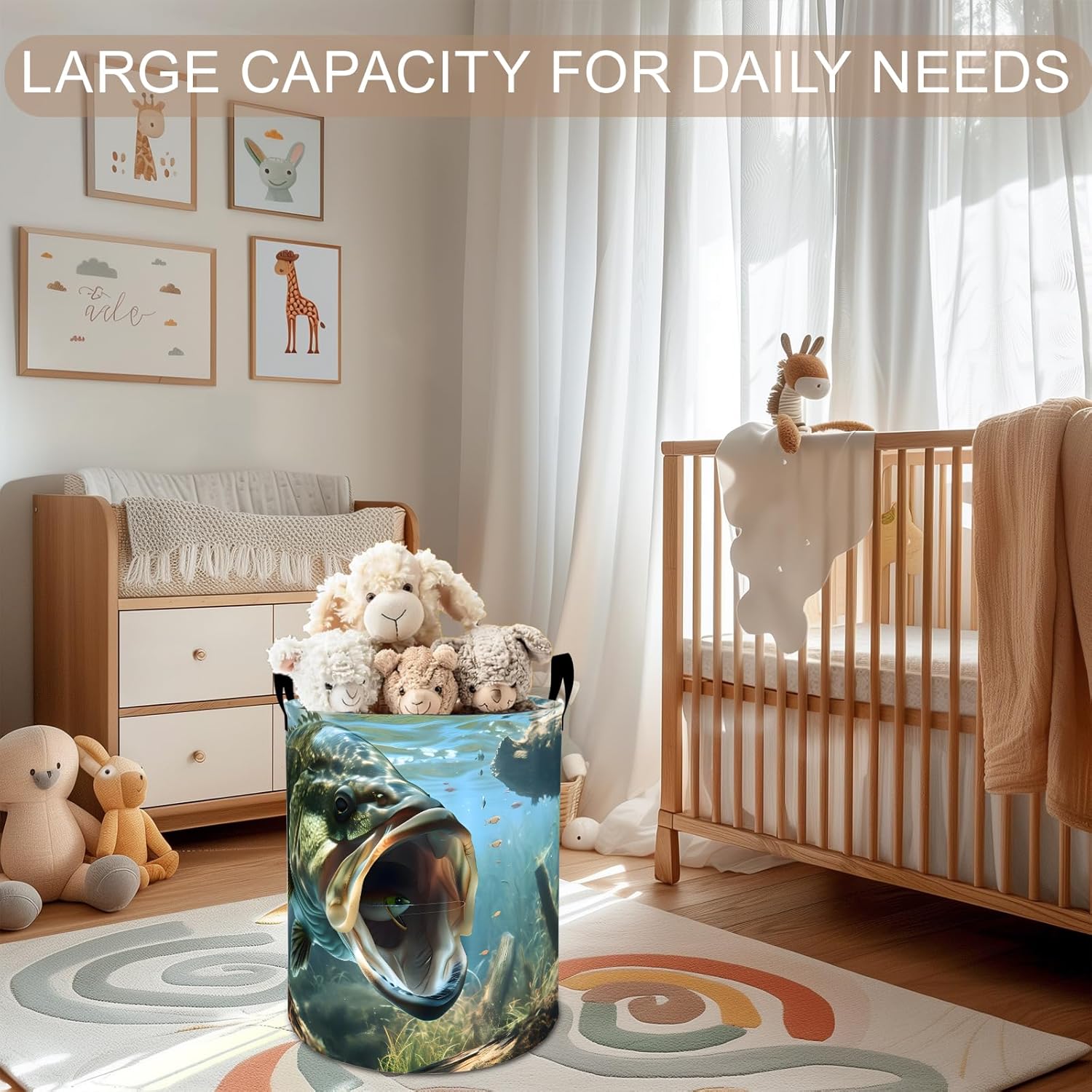 Fishing Laundry Basket Hamper 19.7"x15.8", Bass Foldable Waterproof Oxford Clothes Storage Bucket for Room Bathroom Bedroom Nursery Decor, Toy Organizer Bins Gifts for Kids Boys Girls