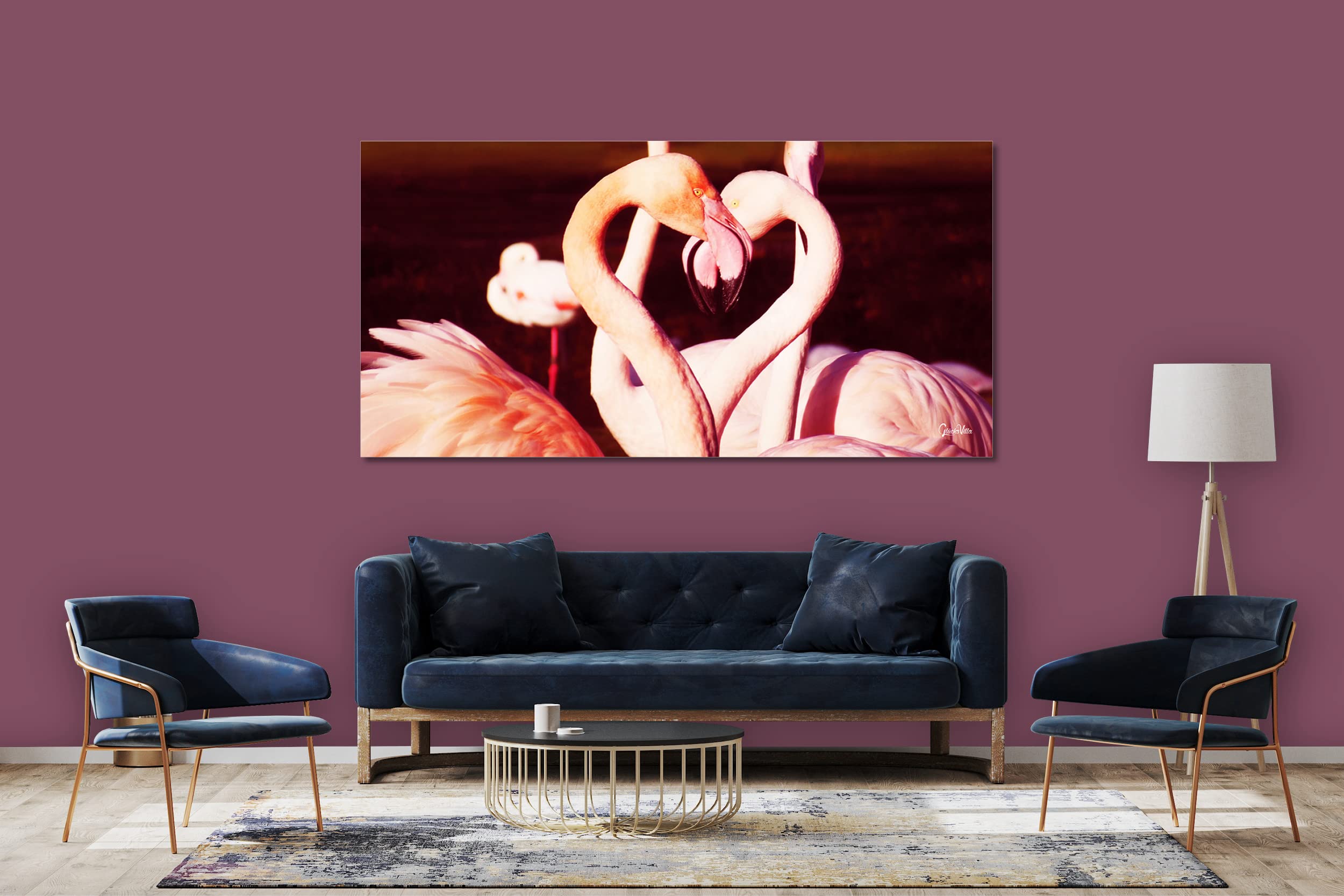 Glücksvilla - Flamingos in Love (Leinwand-Bild 2 cm, 160 x 80 cm) | div. Maße - aus DE - Kunstdruck Deko Wandbild quer - Vogel Tier See Meer Liebe Herz Frankreich