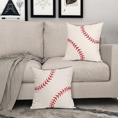 Miniatura 7 de Juego de 2 fundas de almohada de béisbol de 20 x 20 pulgadas con temática deportiva de algodón, lino y poliéster, fundas decorativas para