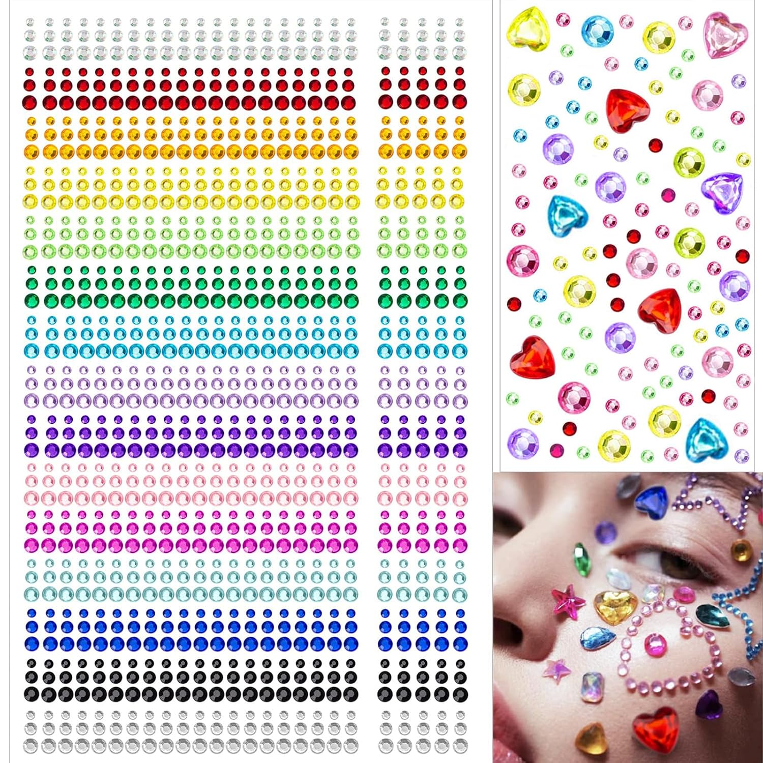 1610 Pcs Hair Gems Self Adhesive Rhinestones for Makeup Eyes 15 Colors Rainbow Rhinestones Face Jewels Face Gems Stick On, Heart Face Gems Bling Gems Jewels Stickers for DIY