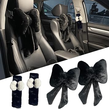 Car Neck Pillow 2PCS Plush Bowknot Car Headrest Pillow Comfortable Neck Support for Driving Soft Touch Fabric Car Pillow Cute Interior Decor Black Set 4 Pcs