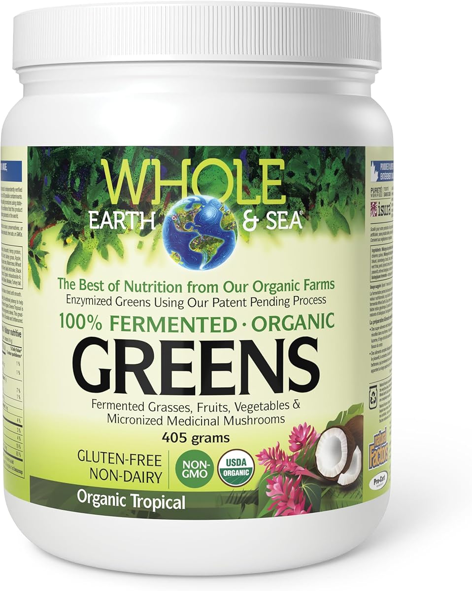 Natural Factors Natural Factors Whole Earth & Sea ORGANIC Fermented Greens Powder, Tropical Flavour 405 g = 29 Day Supply, 100% Fermented & Certified Organic, 6 g of Vegan Protein Powder per Serving, Mushroom Blend of Cordyceps, Reishi, Shiitake, & Maitake