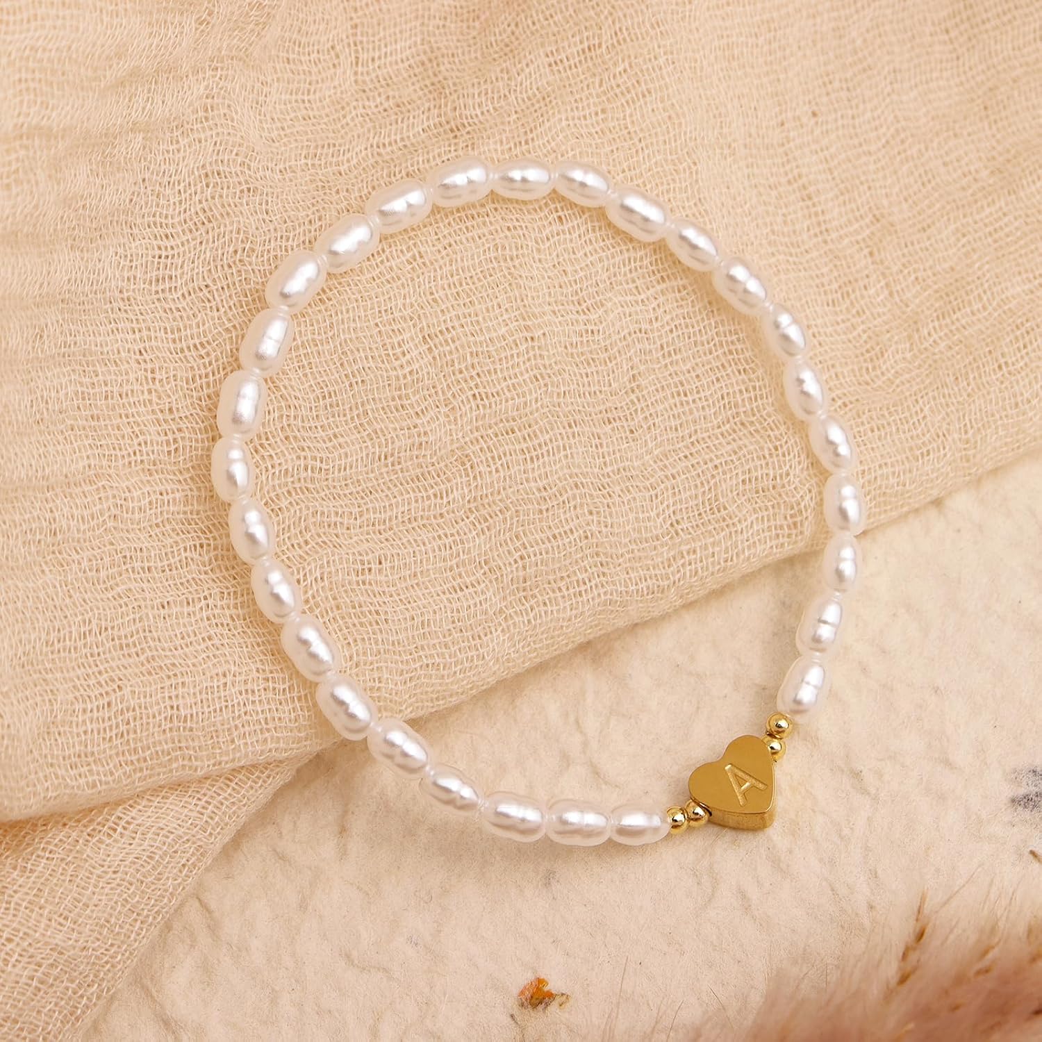 Initial Gold Beaded Heart Stack Bracelets for Women, Dainty Boho Handmade Pearl Stackable Stretch Fashion Jewelry Gift. - Image 4