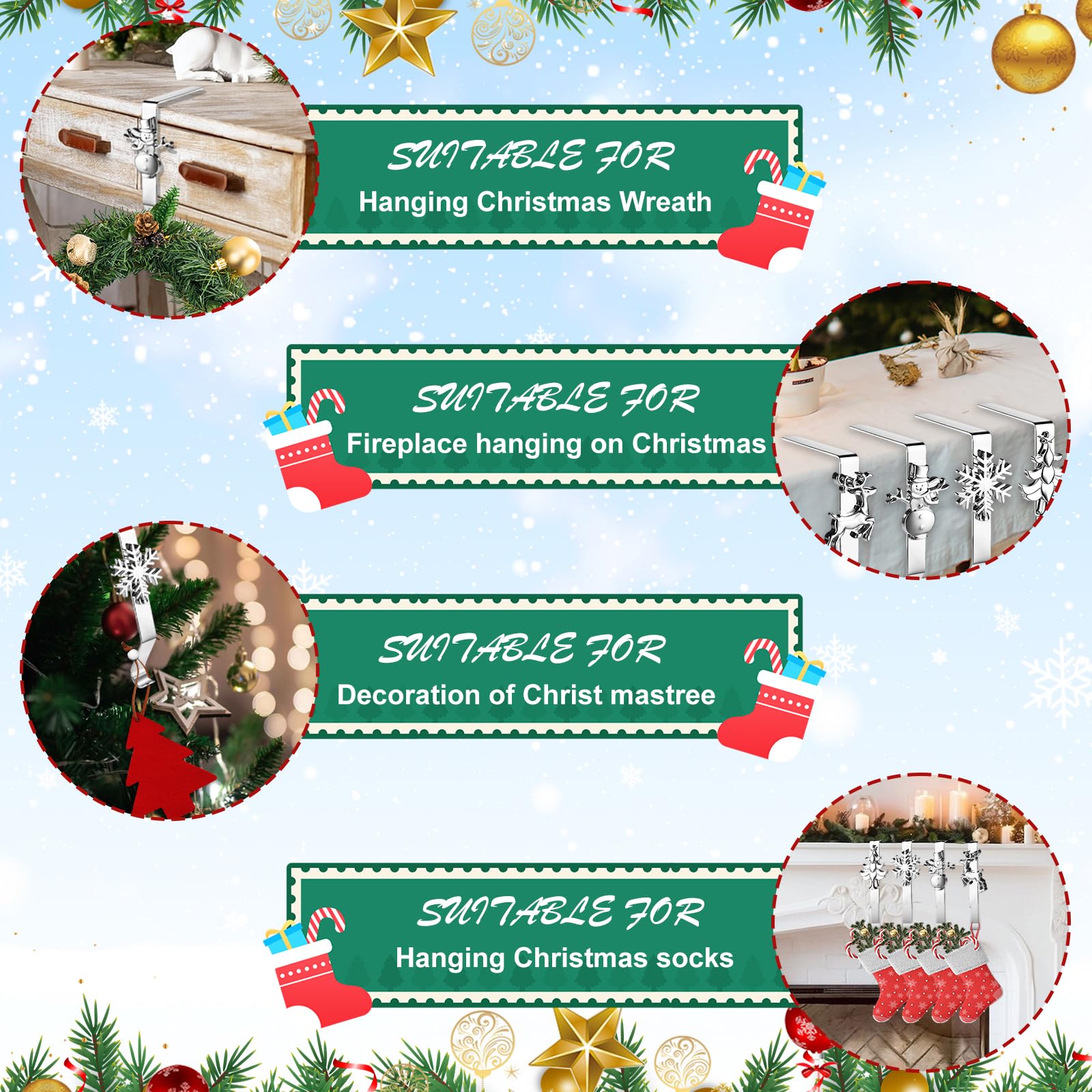 Set di 4 ganci per calza di Babbo Natale per caminetto