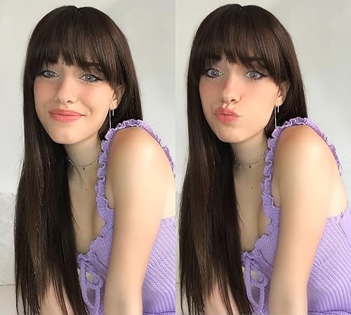 Miniatura 7 de LANOVA LANOVA-202 - Pelucas de jengibre con flequillo, cabello sintético castaño cobrizo, pelucas lisas naturales para mujeres, peluca sin pegamento