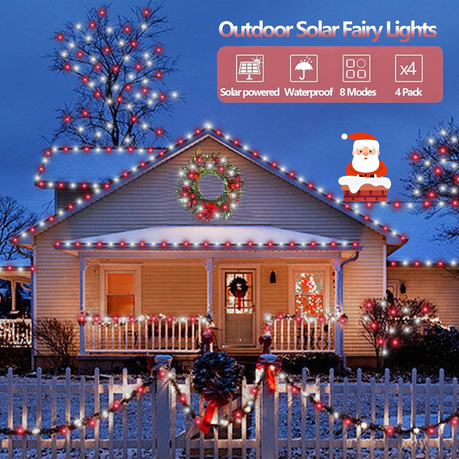 YEGUO 4 Pack Red and White Solar Fairy Lights, Each 33ft 100 LED Christmas Lights Outdoor Waterproof, 8 Modes Sliver Wire Solar String Lights