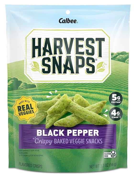 Harvest Snaps Veggie Chips (Black Pepper Snack Crisps) | Powered by Plant Protein, Gluten Free, Non-GMO Baked Vegetable Crisps | Made in USA (8 Snack Packs)