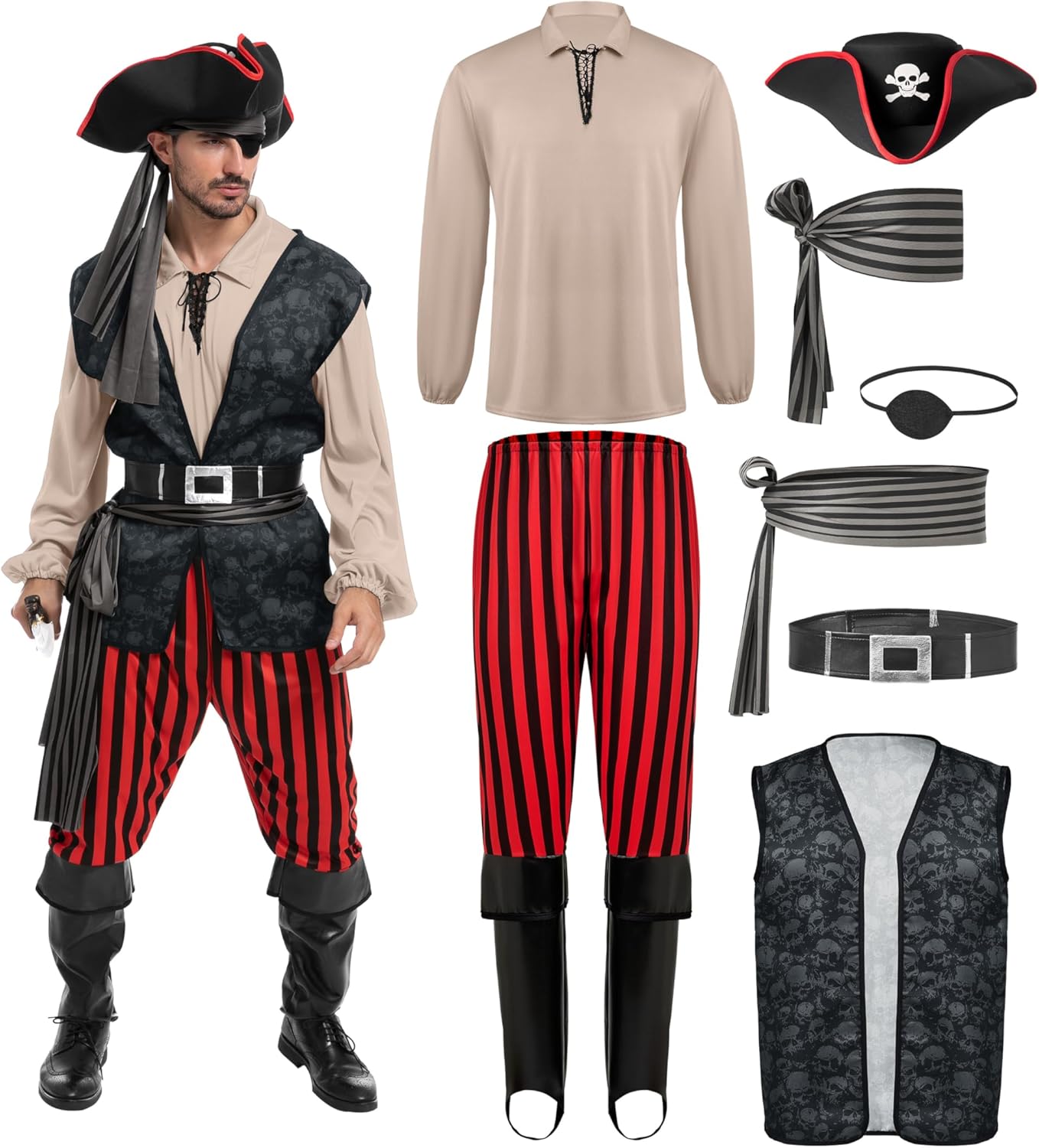 Spooktacular Creations Men Pirate Costume, Adult Pirate Shirt Vest Viking Pants Hat Set for Halloween Themed Parties