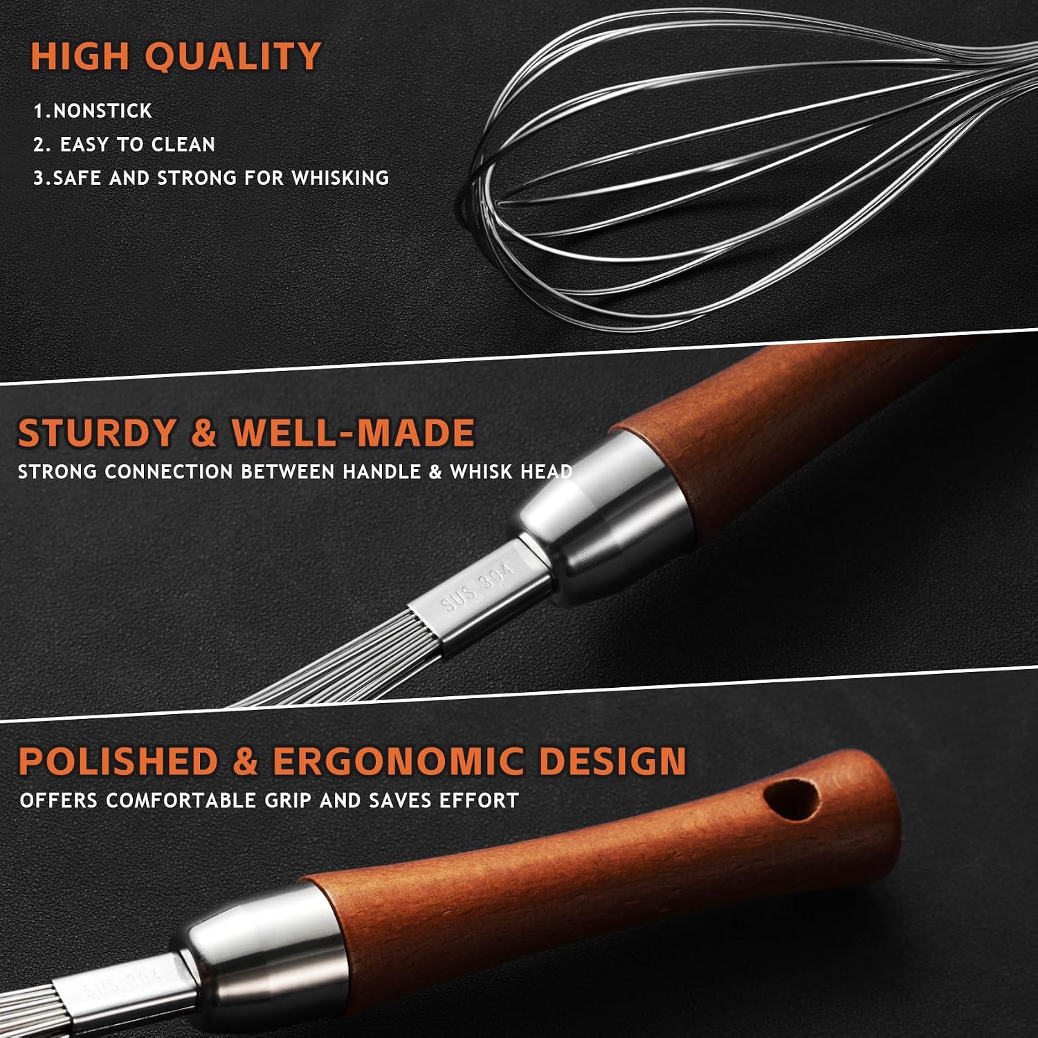 Stainless Steel Whisk Wiht Non-Slip Wooden Handle, Balloon Whisk Egg Beater For Stirring Whisking Blending Mixing Egg Gravy Cake Batter Flour Or Sauces (10.8"L x 2.4"W) image 3