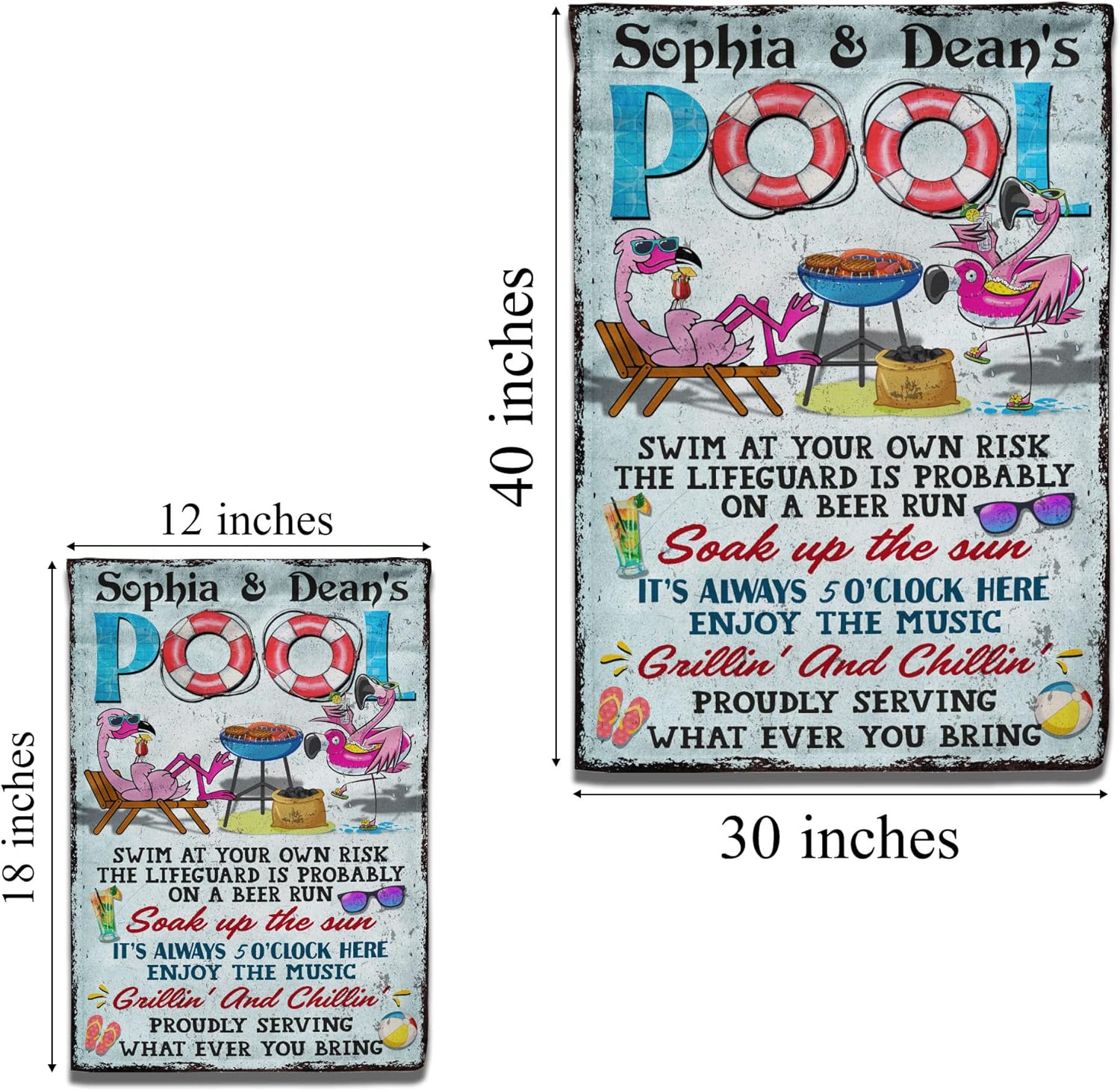 V VIBEPY-Personalized Pool Rules Pool Flags 28 x 40 Double Sided,Flamingo Family Grilling Swim At Your Own Risk Double Sided Burlap 12x18Inch, Double Sided Flag, Yard Flag, Family-Summer Gift, Yard Decor (DS 06)