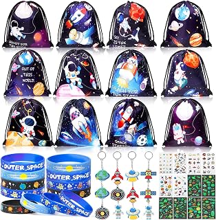 Tacobear Weltraum Kindergeburtstag Mitgebsel Set mit Kordelzugbeutel Turnbeutel Kinder Silikonarmband Schlüsselanhänger Tattoos Weltraum Give Aways Gastgeschenke Geschenktüten für Junge