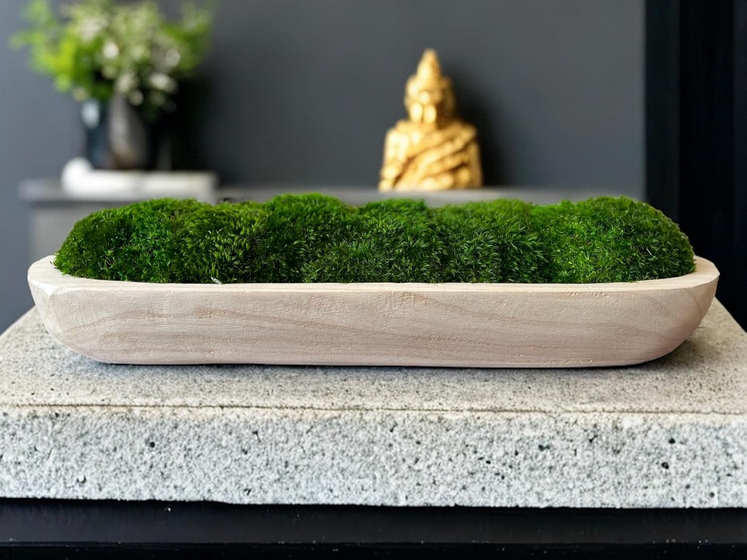 Decorative Moss Planter, Wooden Dough Bowl with Lush Green Moss, Moss Bowl Centerpiece 24 x 8 x 4 inches