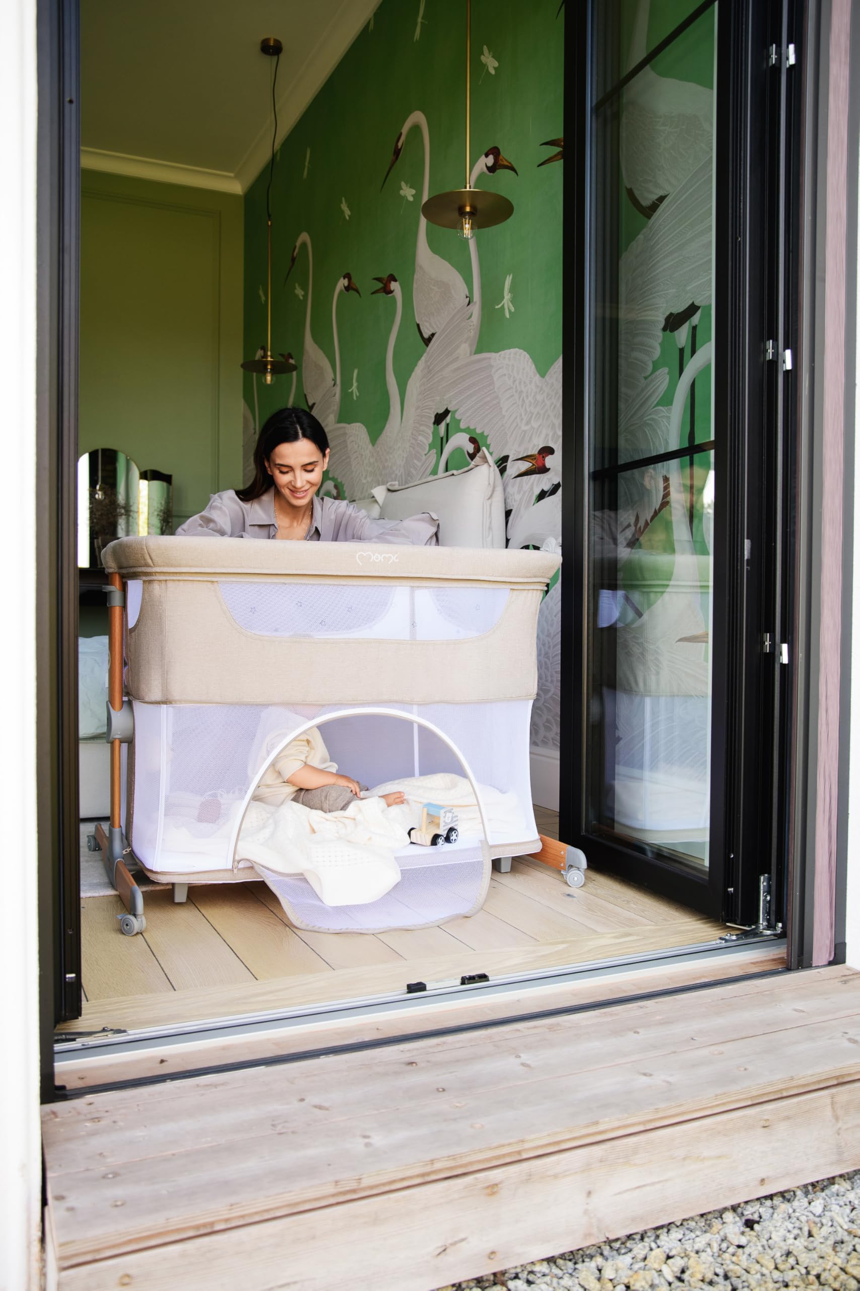 Momi Lettino multifunzione SMART BED 4-in-1, lettino co-sleeping e box, per bambini fino a 15 kg di peso, con altezza regolabile a 5 livelli, con materassino, cinghie di fissaggio e rotelle