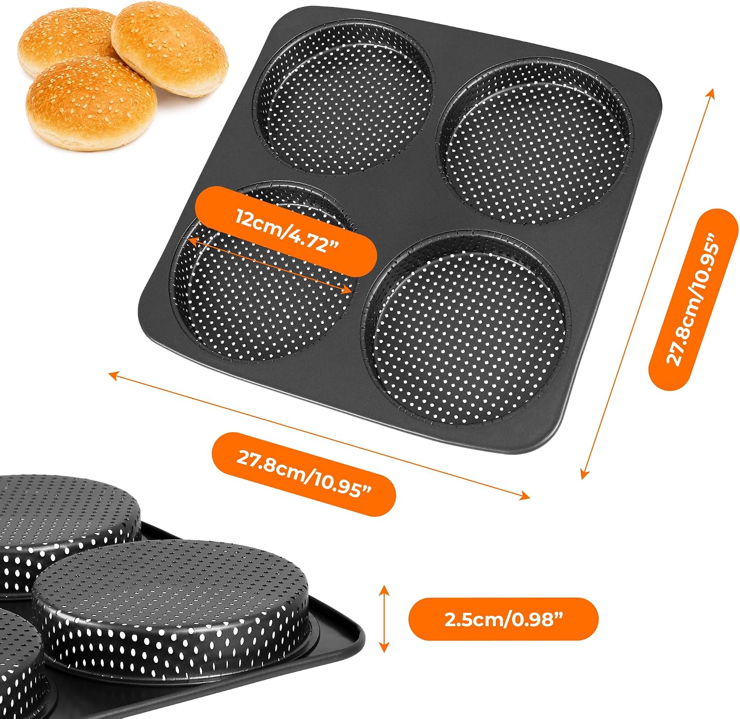 2Pcs 5 Inch Hamburger Bun Pan 4 Cavity Carbon Steel Non-Stick Burger Tray