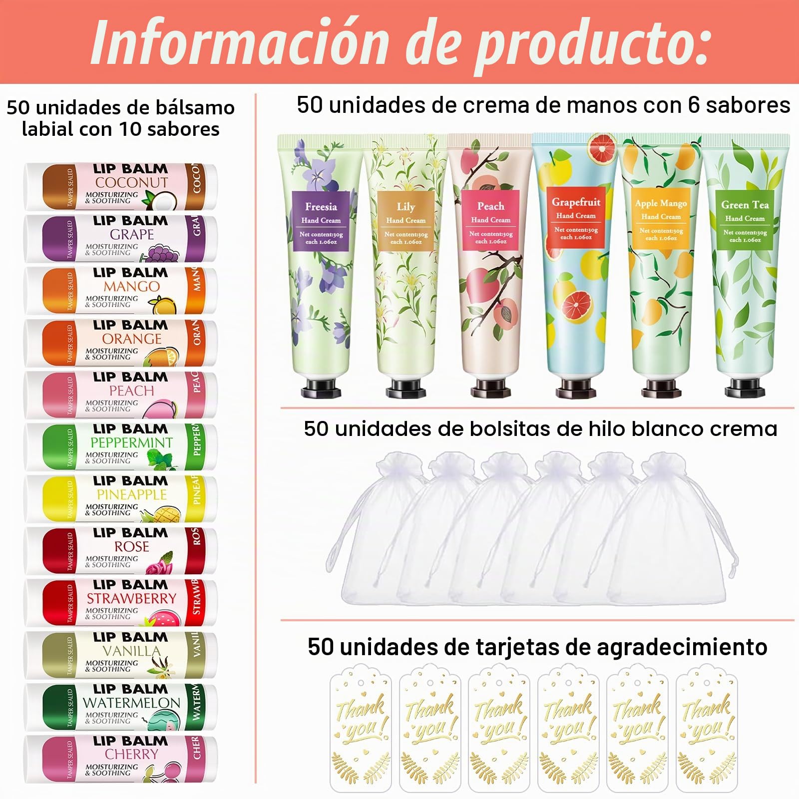 AZEN 50 juegos de regalos a granel, crema de manos y bálsamo labial a granel con bolsa de organza, tarjeta de agradecimiento, regalo de boda para baby shower, regalos de boda para invitados, regalos