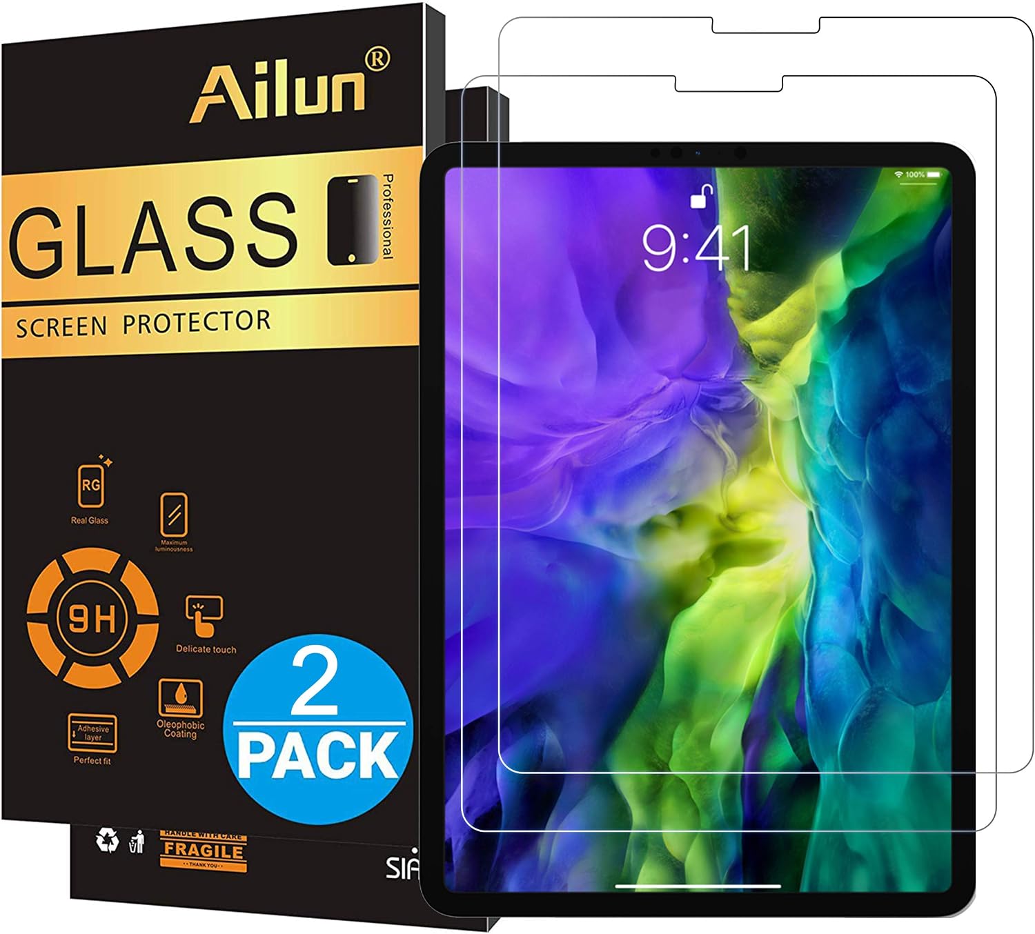 Ailun Screen Protector for iPad Pro 11 Inch Display 2018&2020 2Pack 2.5D 0.25mm Tempered Glass,Face ID & Apple Pencil Compatible Anti Scratch Case Friendly