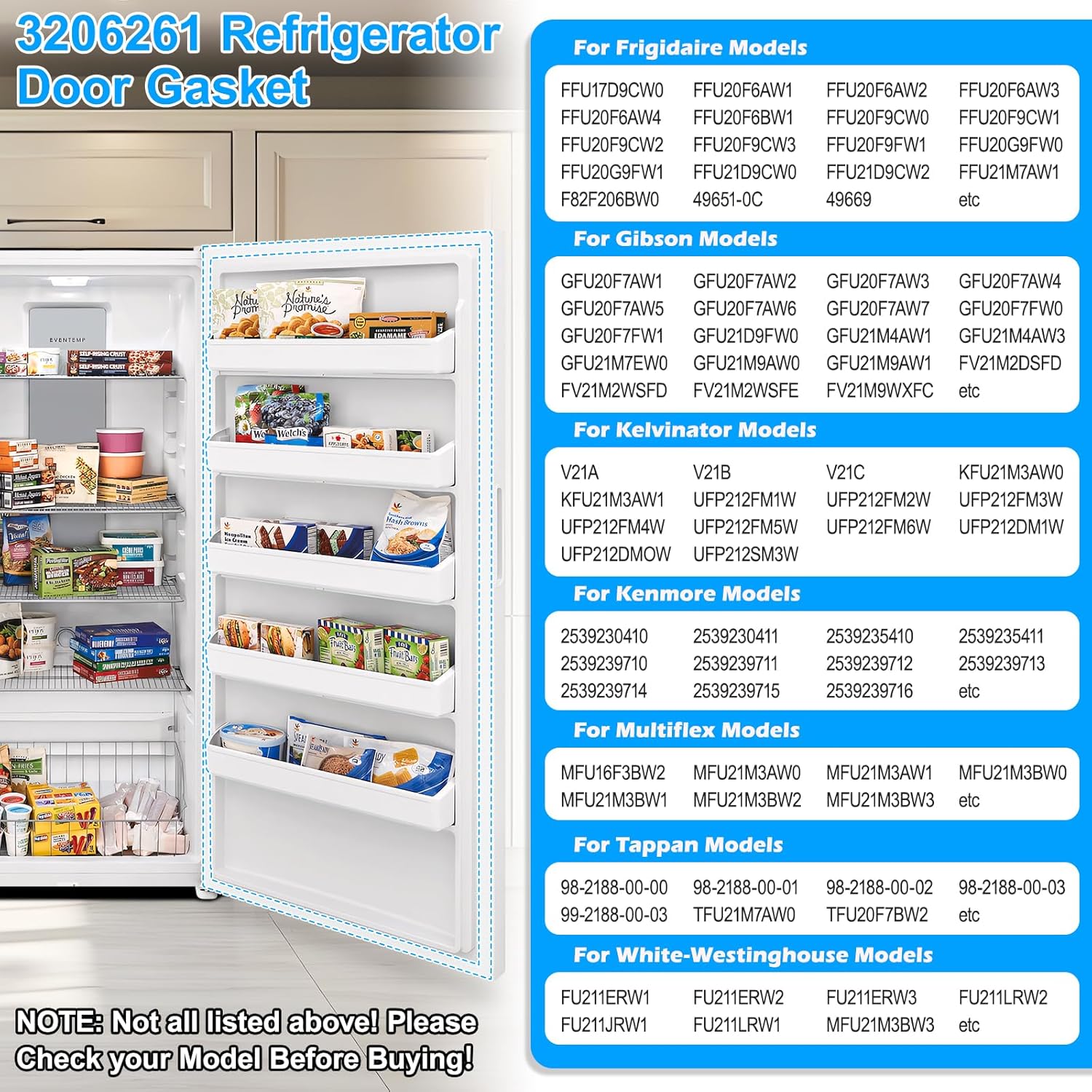 Upgraded 3206261 Freezer Door Gasket Compatible with Frigidaire Refrigerator Freezer Door Gasket White 31.34"x65.75" 5300129798 Door Gasket For Kenmore Upright Freezer Door Gasket Seal Replacement