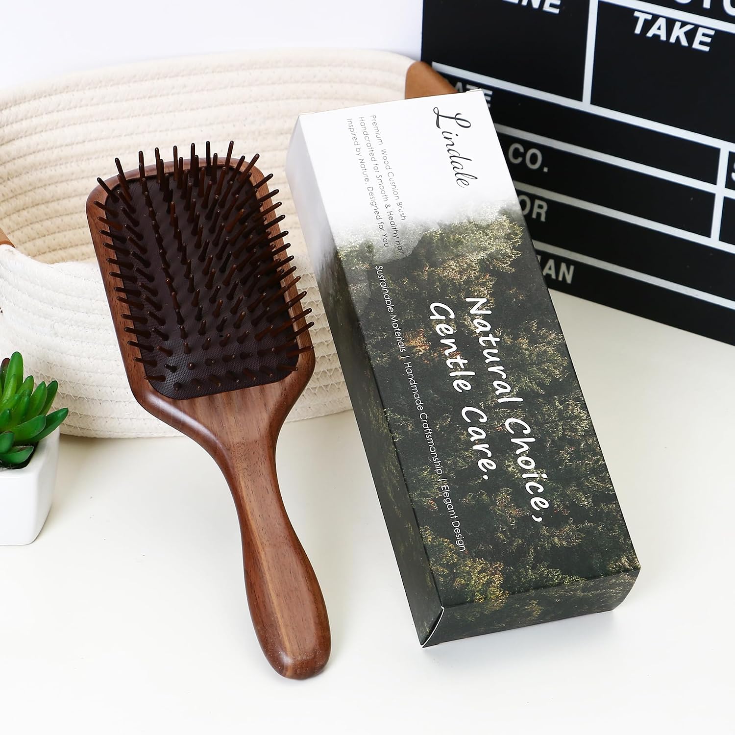 Lindale Walnut Wooden Hair Brush for Hair Growth with Natural Walnut Bristles Detangler Paddle Hairbrush for Massaging Scalp for Women Men, Reduces Static for Curly Hair with Ergonomic Handle Square