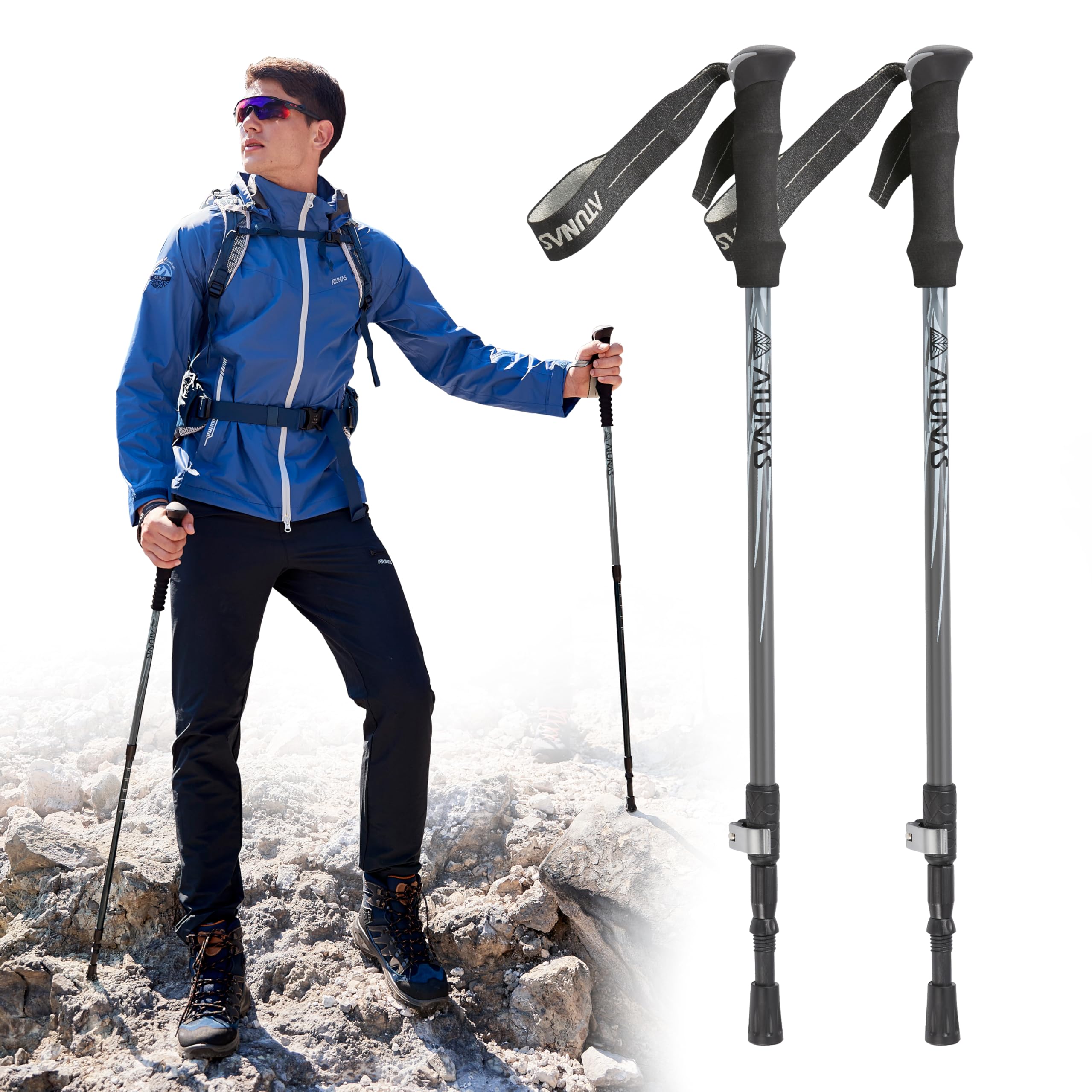 ATUNAS Lot de 2 bâtons de randonnée télescopiques en aluminium avec poignée en EVA – Améliore la stabilité avec verrouillage rapide pour la randonnée, la marche, le camping, la randonnée, le trekking