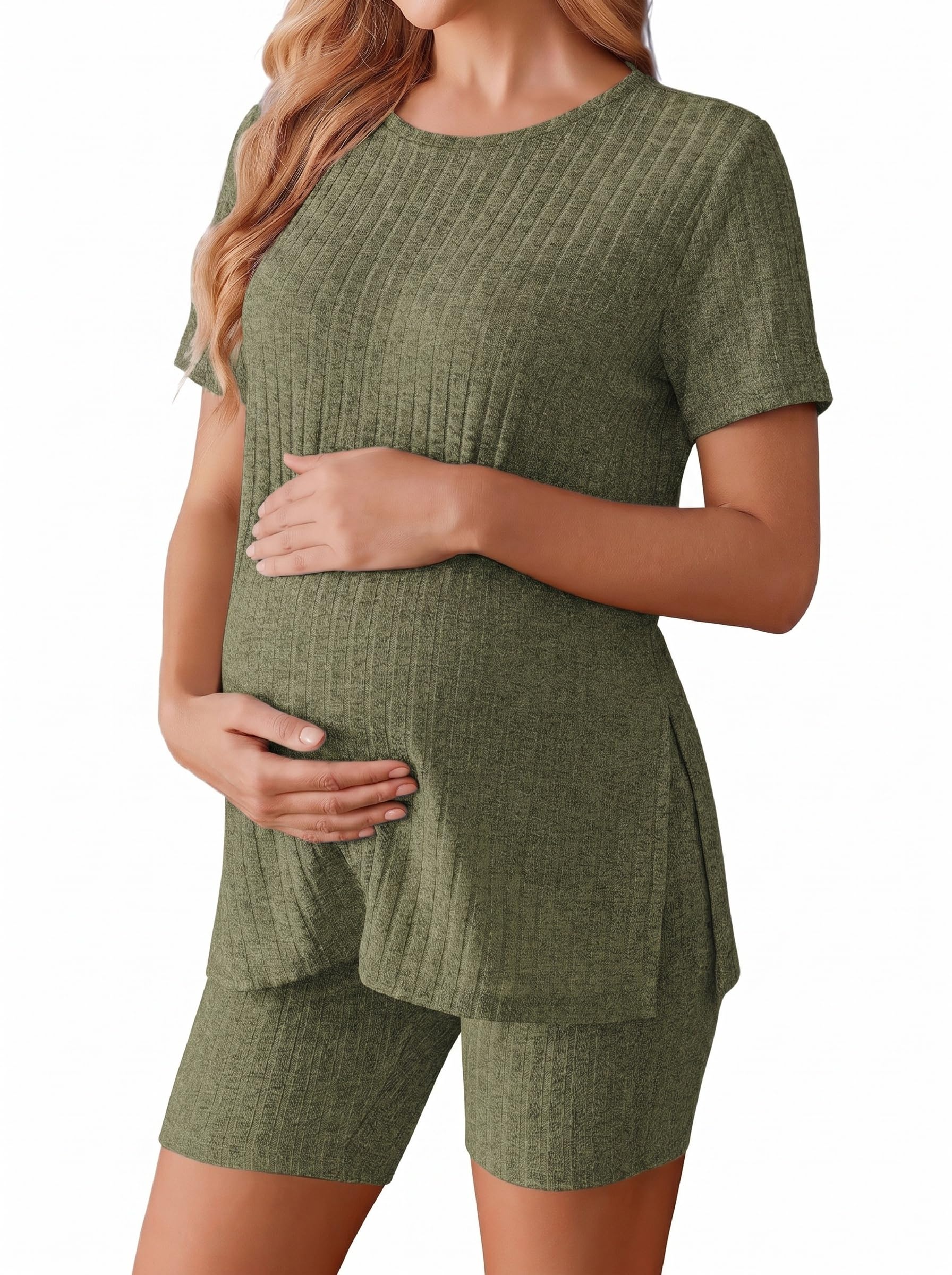 Ekouaer Women's Maternity 2 Piece Sets Short Sleeve Shirts and Biker Shorts