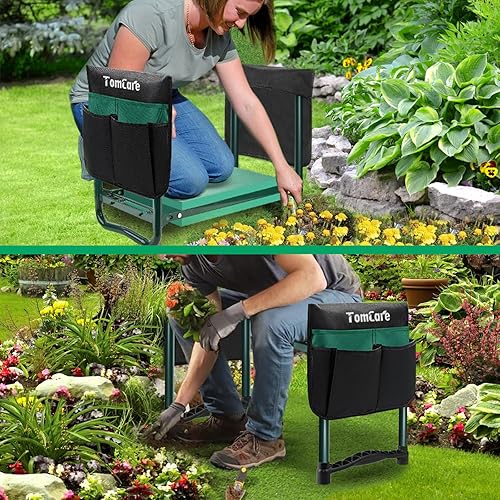Miniatura 7 de TomCare - Taburete y apoya rodillas plegable con bolsa de herramientas almohadilla de espuma EVA para exteriores portátil para jardinería grande -