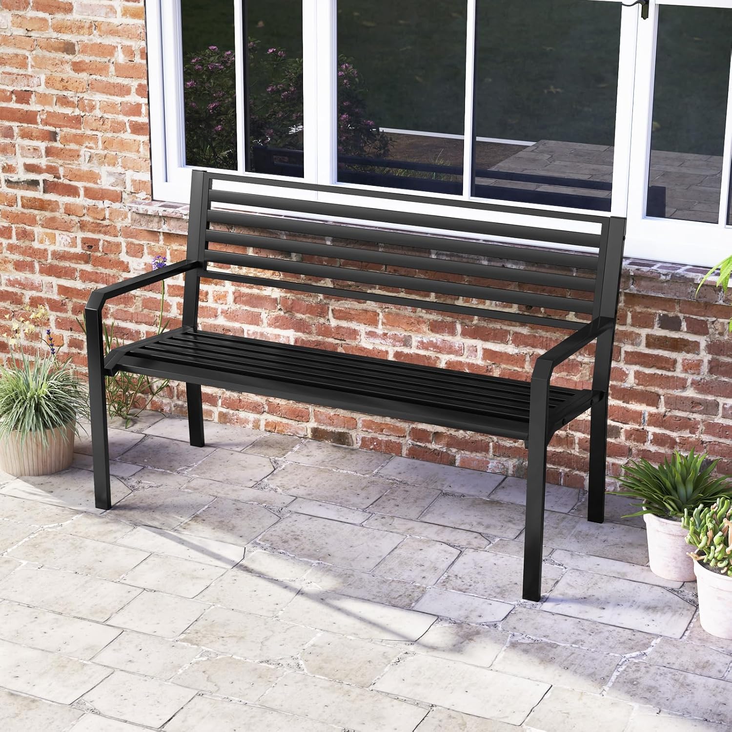 Tangkula 50” Outdoor Metal Park Bench, Patio Slatted Garden Bench for 2-3 People with Armrests & Backrest, Heavy-Duty Modern Seating for Backyard, Poolside, Porch