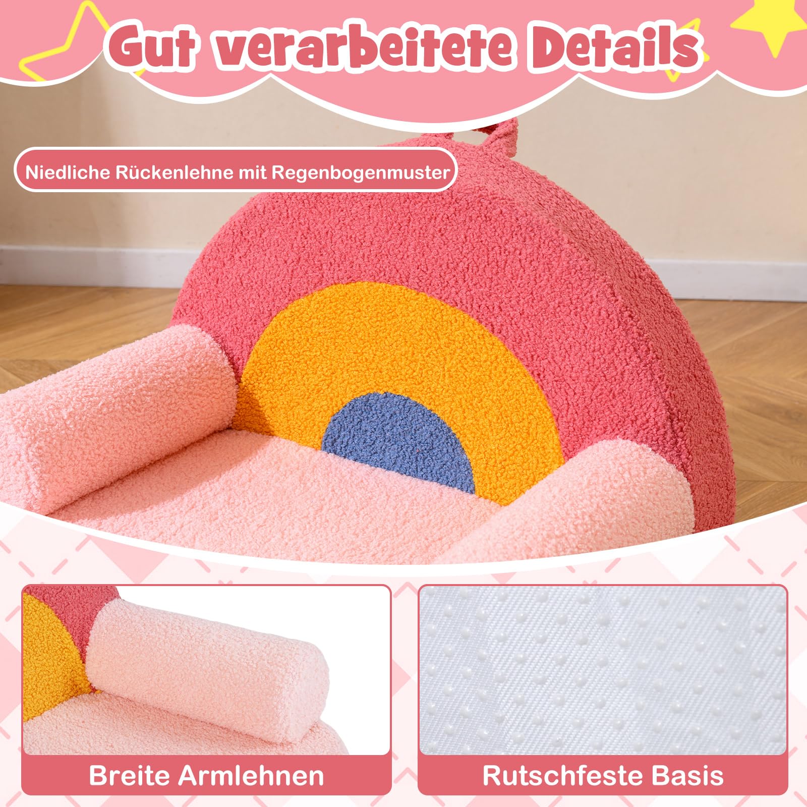 COSTWAY Kindersofa in Regenbogenform, Kindersessel gepolstert aus Schaumstoff & Teddystoff, Kindercouch mit waschbarer Bezug & rutschfeste Unterseite, Spielsofa für Kinder ab 3 Jahren, Rosa
