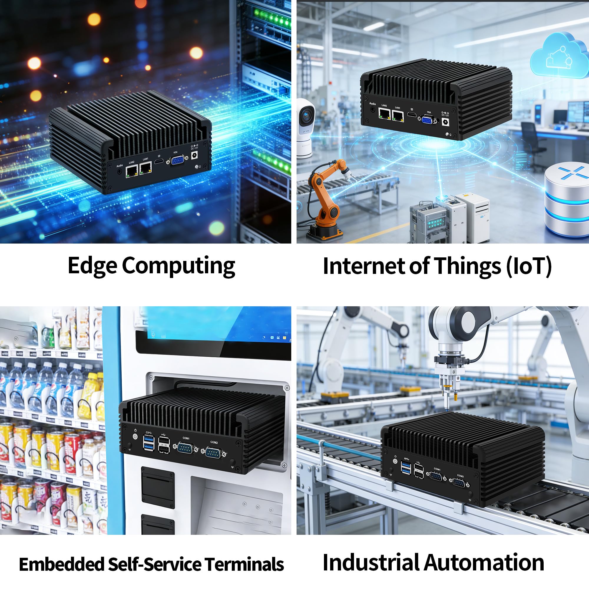 CWWK Mini PC Fanless, N2840 Industrial Embedded Computer, 2 x COM RS232/RS485, Dual Gigabit/1000M LAN, 8GB DDR3 RAM 128GB mSATA SSD, SIM, Mini-PCIe, HD, VGA, 4USB, SATA