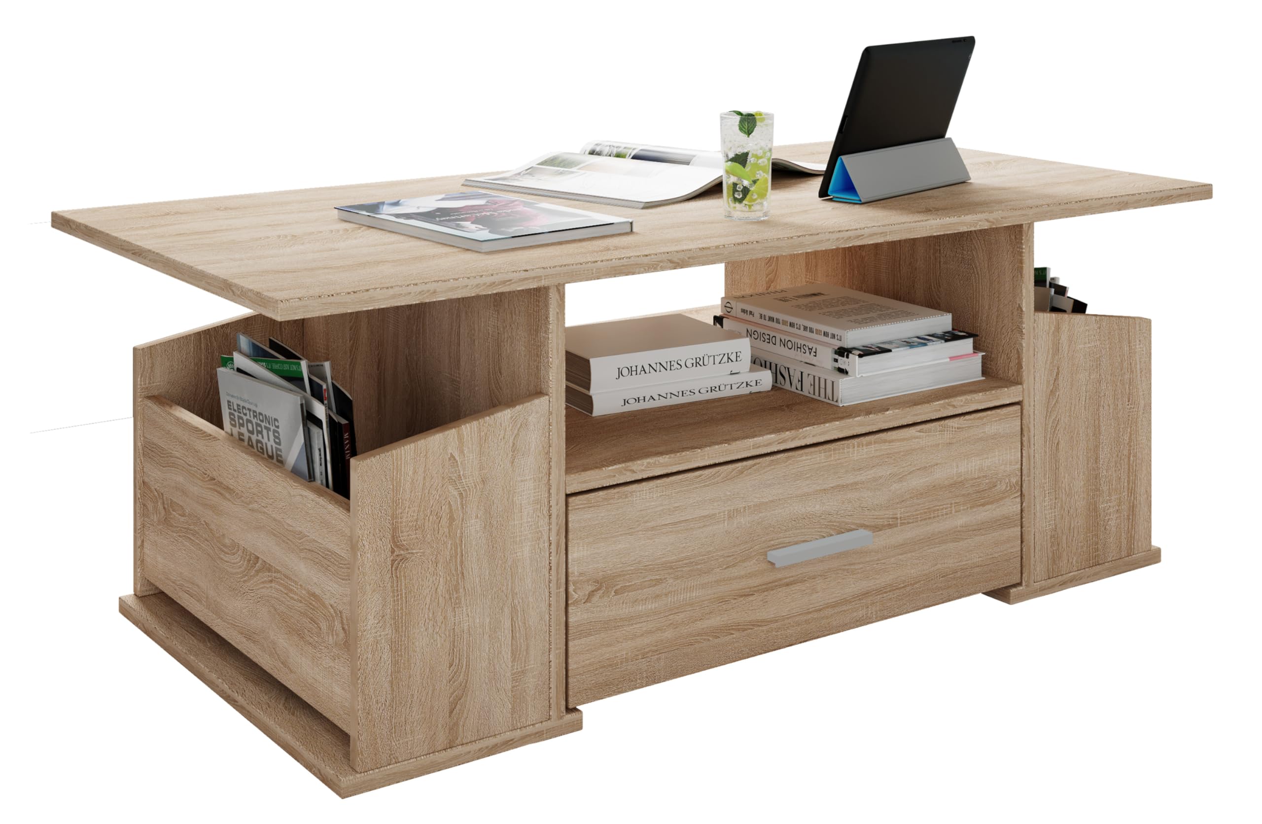 VCM Holz Couchtisch mit ausreichend Stauraum | Maße ca. H. 44 x B. 110 x T. 52 cm | Wohnzimmertisch mit Schublade - Junata Sonoma-Eiche (Sägerau)