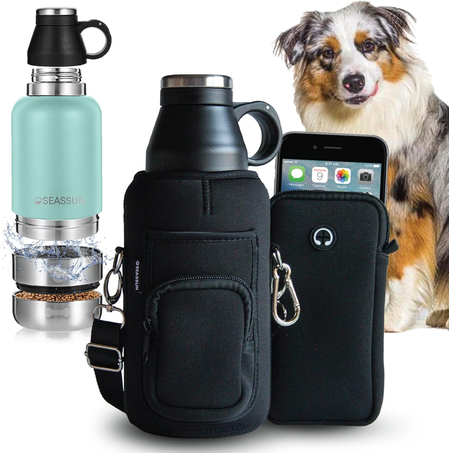SEASSUN Dog Travel Water Bottle & Dog Walking Bag with Cell Phone Pouch & Dog Training Treat Pouch - 32oz Insulated Pet Water Bottle,…