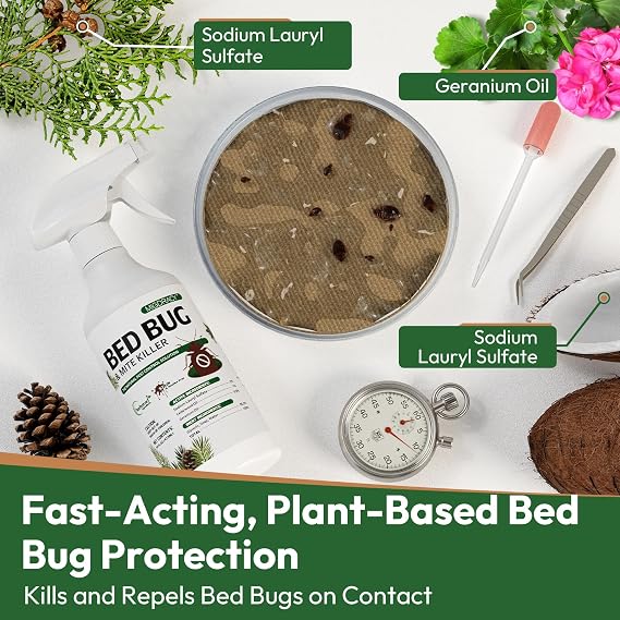 Natural Bed Bug Spray 16oz, Plant-Based Bedbug & Dust Mite Repellent, Safe for Family & Pets, Fast-Acting Treatment Kills Bed Bugs, Mites & Eggs