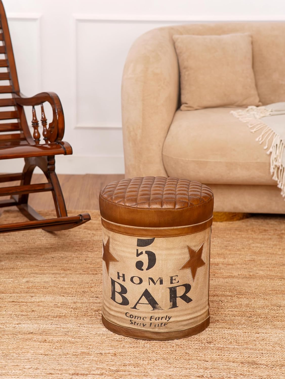 Handmade Eco-Friendly Solid Wool & Leather Pouf Brown Color Round 16.5" x 16.5" x 21.5" Pouf for Living Room, Bedroom Seating, Patio