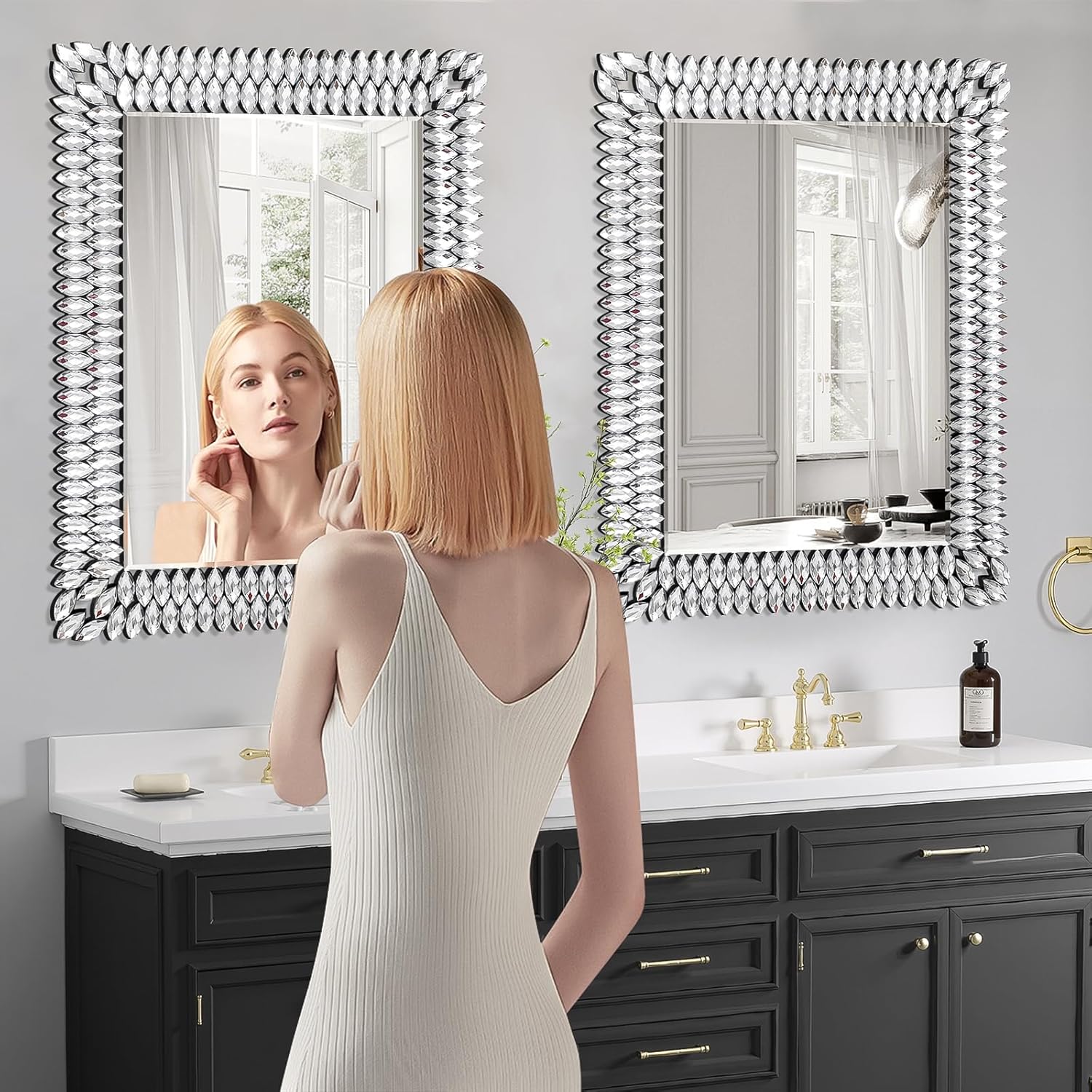 30x40 Inch Rectangle Mirrors for Wall Decor, Luxury Diamond Entryway Mirrors for Wall, Silver Decorative Mirror for Living Room, Bedroom, Bathroom, Dining Room, Fireplace