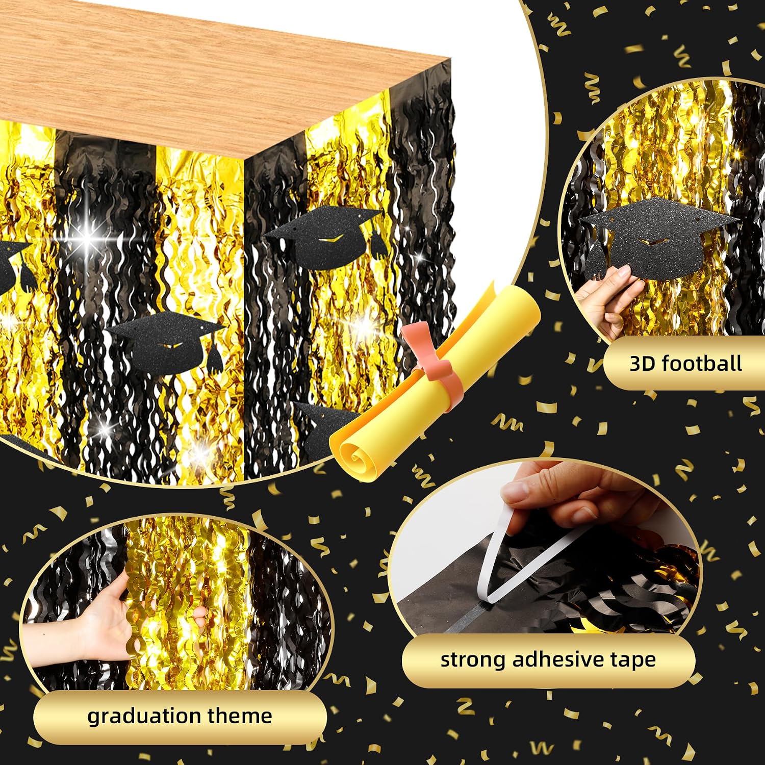 2026 Graduation Party Decorations, 2 Pack Metallic Tinsel Foil Fringe Table Skirts for Rectangle and Round Table, Decorations for Class of 2026, Prom and Grad Party Decor Supplies image 3