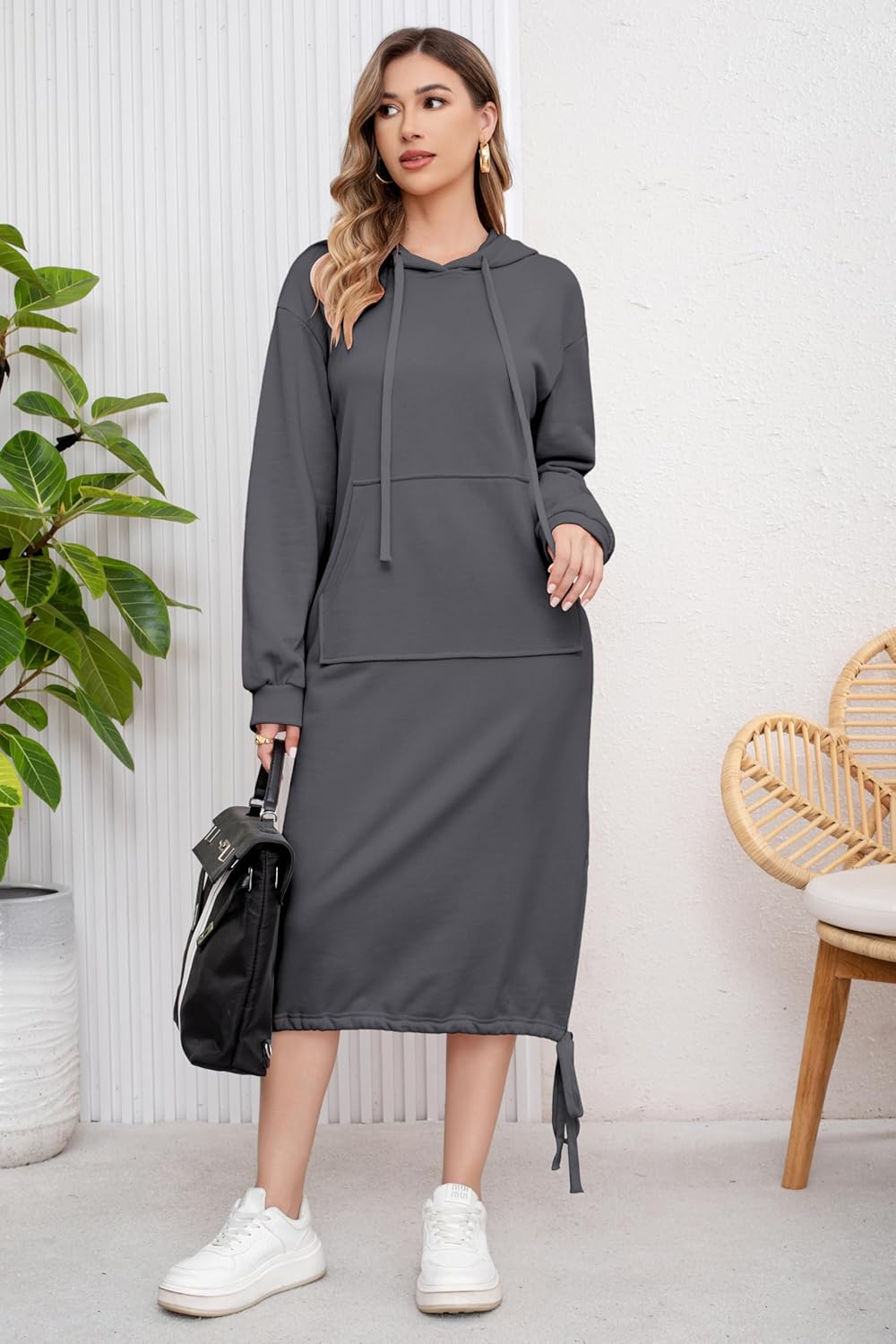 ebossy Women's Casual Loose Solid Color Drawstring Hoodie Fall Warm Cotton Sweatshirt Maxi Dress with Pocket - Image 2