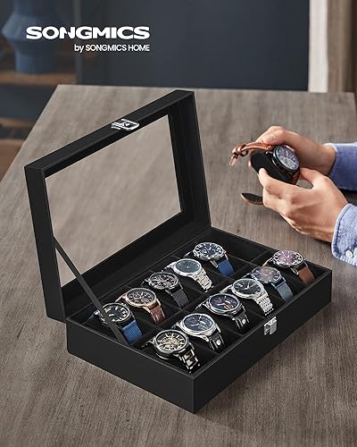 Miniatura 2 de SONGMICS Caja de reloj caja de reloj de 12 ranuras con tapa de cristal grande almohadas de reloj extraíbles organizador de caja de reloj regalo para