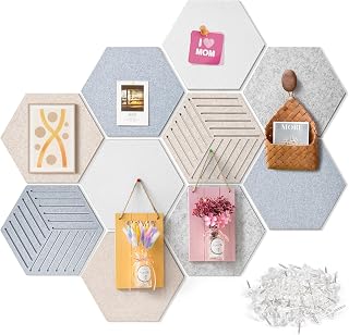 Fwpelt 12x10 Inch Hexagon Cork Bulletin Board Tiles, 10-Pack Adhesive Sticky Pin Boards with 30 Pushpins for Office Wall Decor