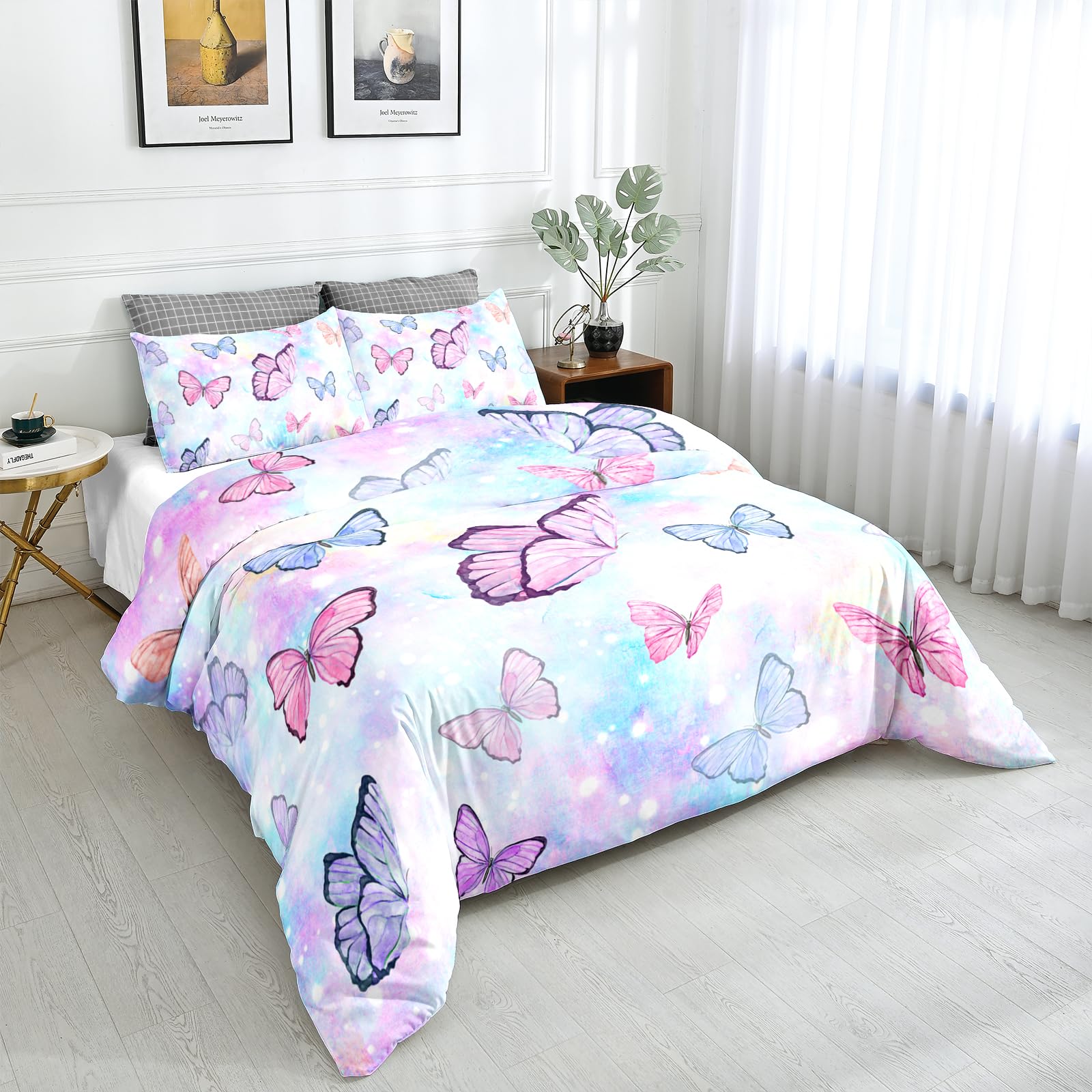 SETWIER Queen Rainbow Butterfly Duvet Cover Set Pink Flower Duvet Cover for Kids Bedding Set Ultra Soft Breathable Kids Boys Girls Teens Comforter Cover 3Pcs with 2 Pillowcase