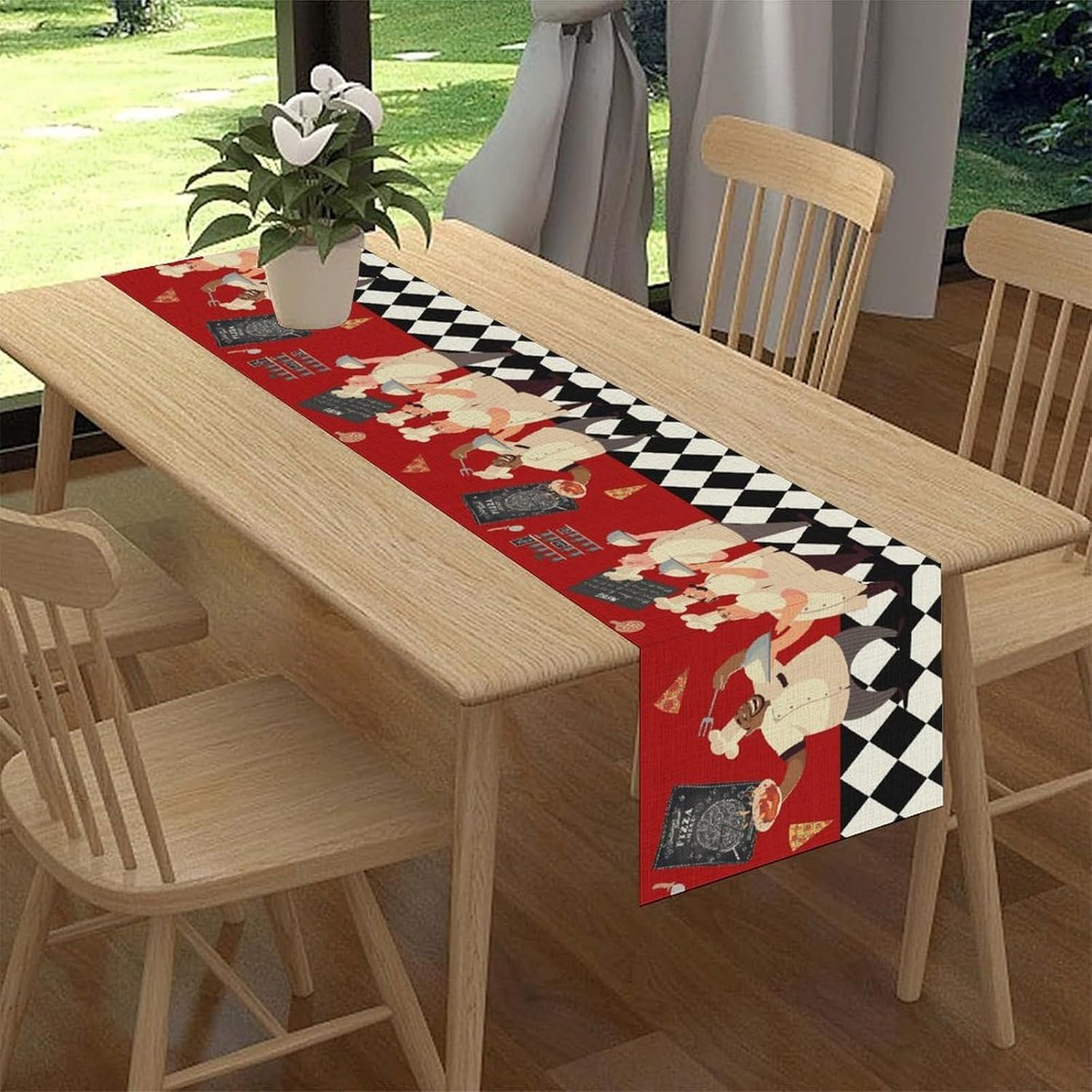 Fat Chef Table Runner, Retro Plaid Chef Cooking Buffalo Plaid Checked Farmhouse Kitchen Dining Table Scarf for Holiday Kitchen Living Room Home Party Decor 13x36 inch