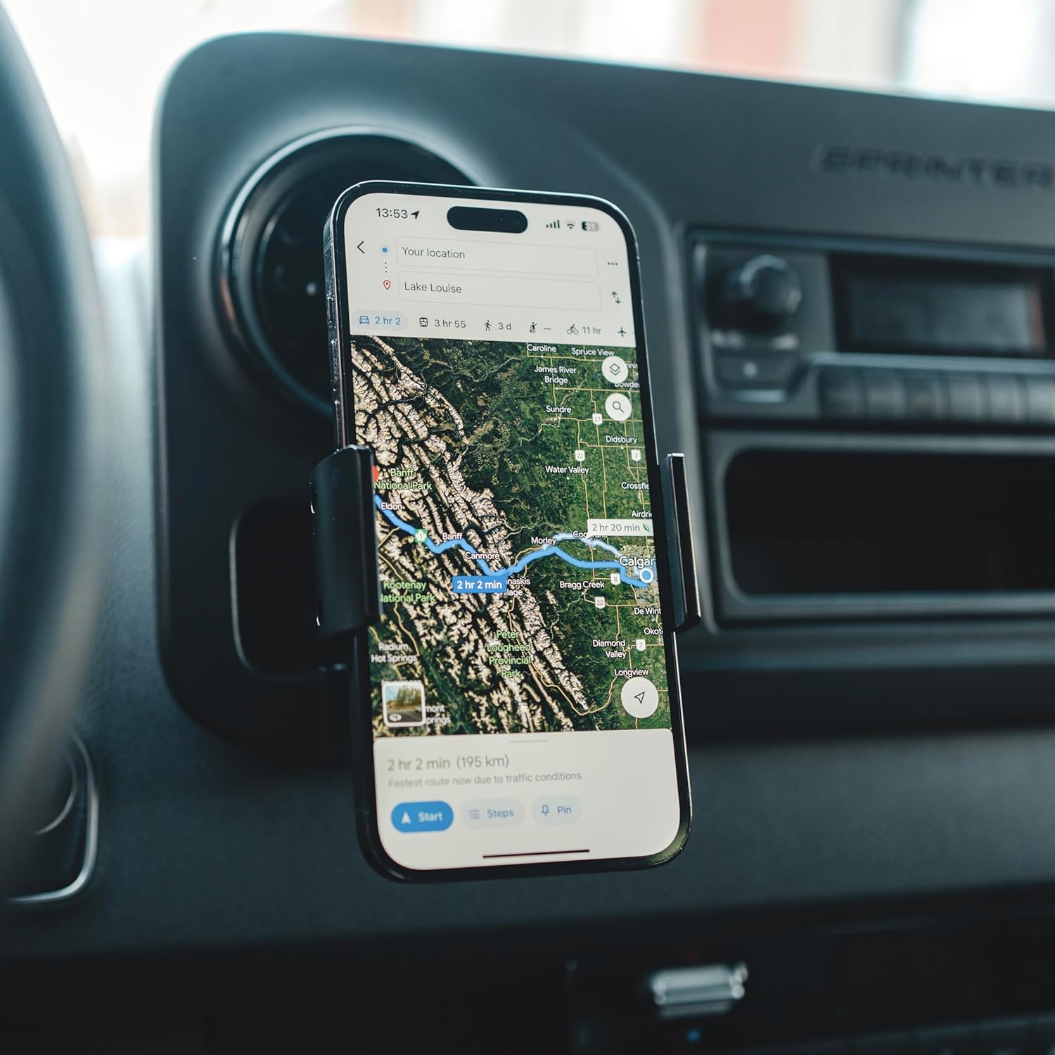 Offroam Phone Mount Made for Mercedes-Benz Sprinter 2019-2026 (AM/FM Radio Console), CNC-Machined Aluminium, Universal Spring Loaded Holder, 360-Degree Swivel, One-Hand Operation