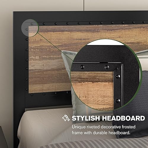 Miniatura 3 de MUTICOR Base de cama matrimonial con cabecera de madera, plataforma de estilo industrial con decoración de remaches y diseño esmerilado, base de