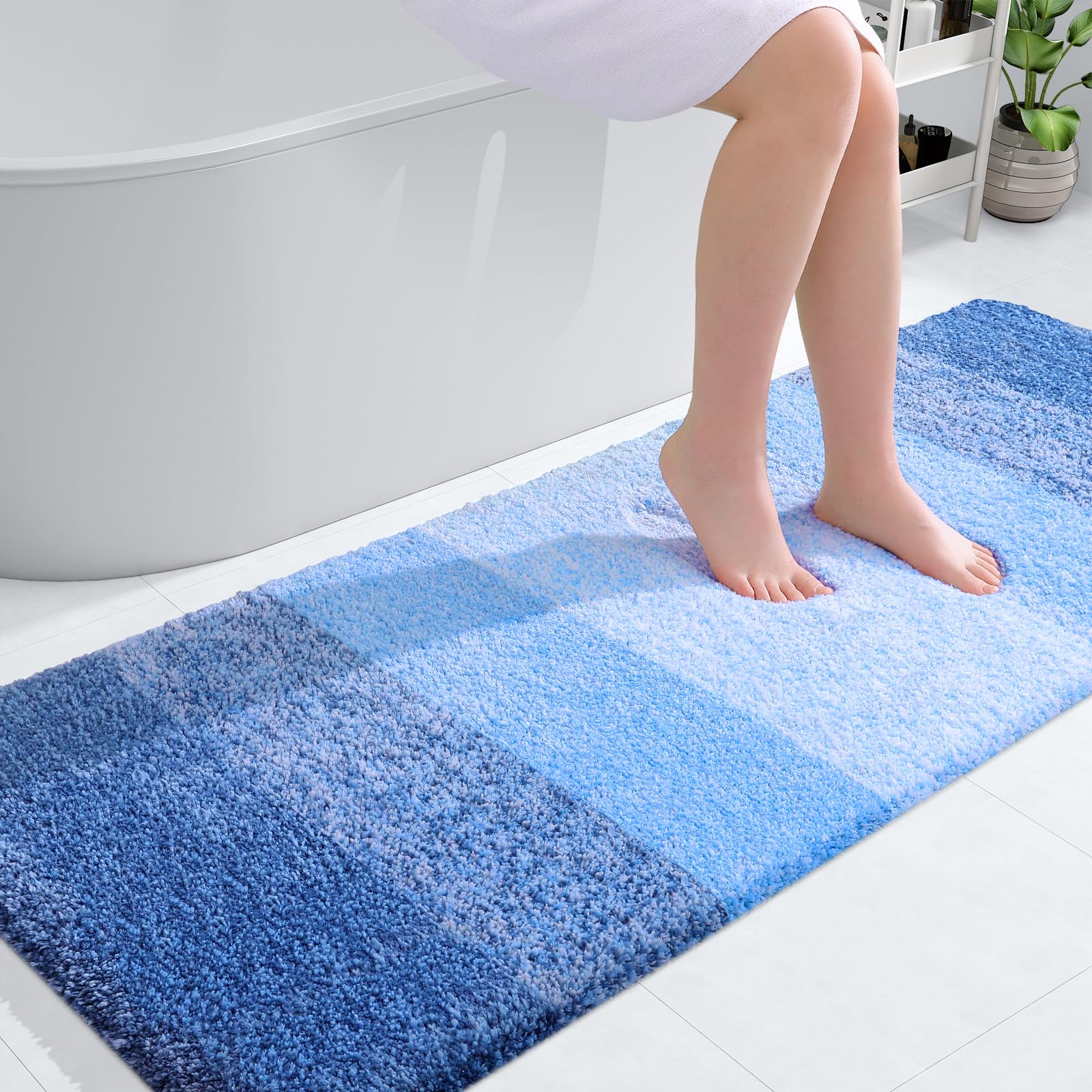OLANLY Bathroom Runner Rug 59x24, Extra Soft Absorbent Microfiber Bath Rugs | Light Royal Blue, Non-Slip Quick-Drying Rubber Backing, Washable Long Bath Mat for Floor, Tub and Shower, Home Decor