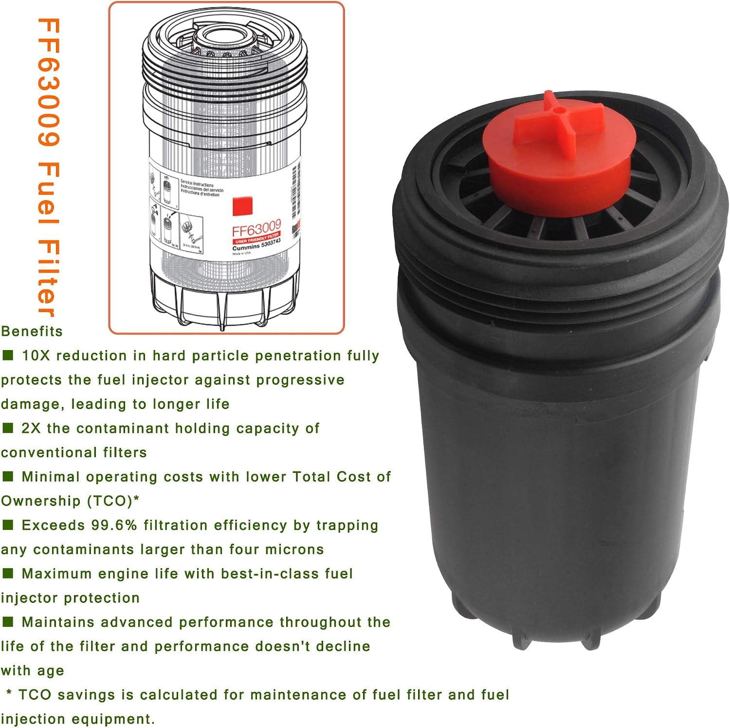 Poweka 2Pcs FF63009 Fuel Filter Fits for Cummins B & L Series 6.7L Diesel Engines, FF63054NN Filtration Element 10 Micron, Replace#5303743 FF63008 FH22168