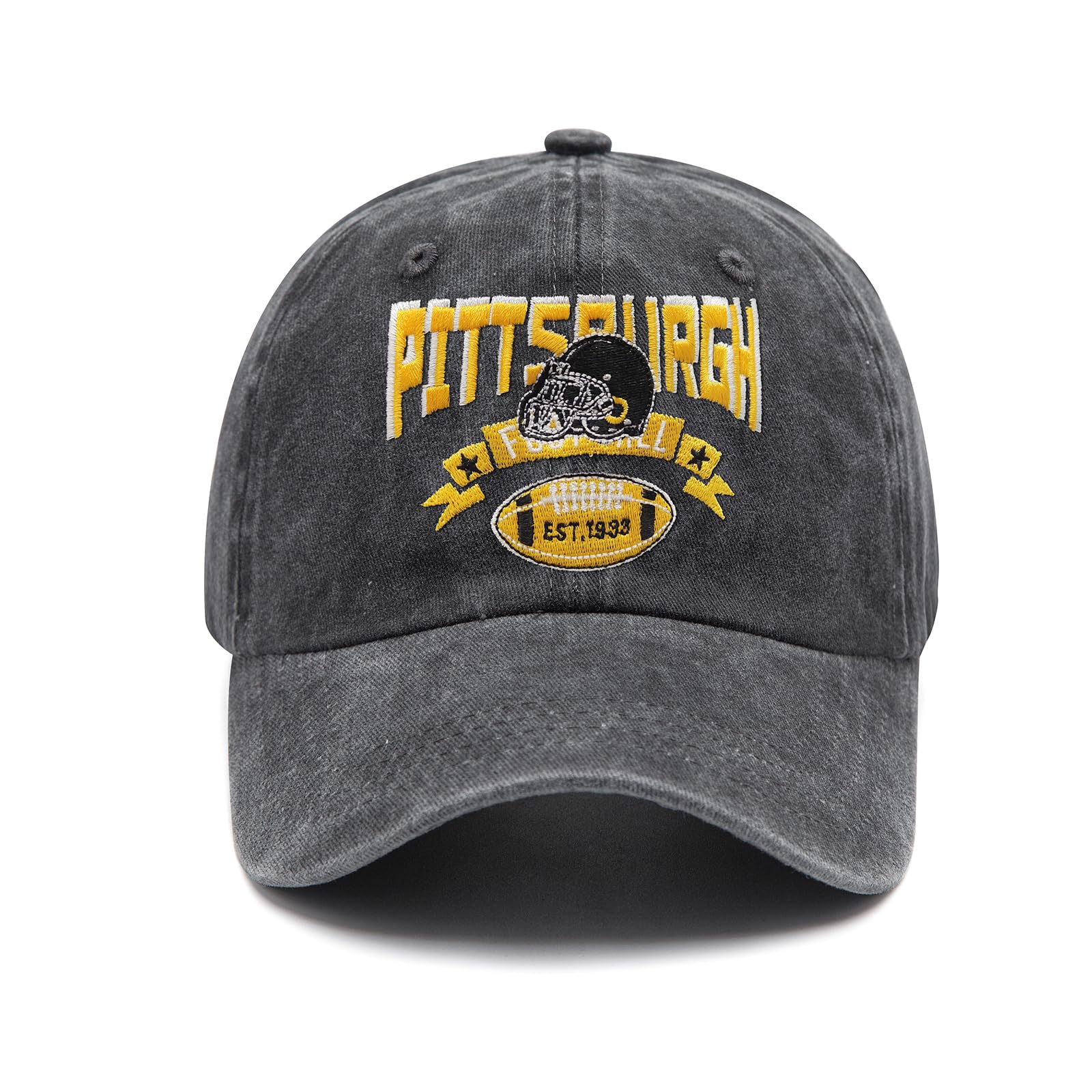 Embroidered City Vintage Washed Denim Football Hats for Men Women, Unisex Adjustable Cotton Fans Baseball Cap, For Pittsburgh, One size