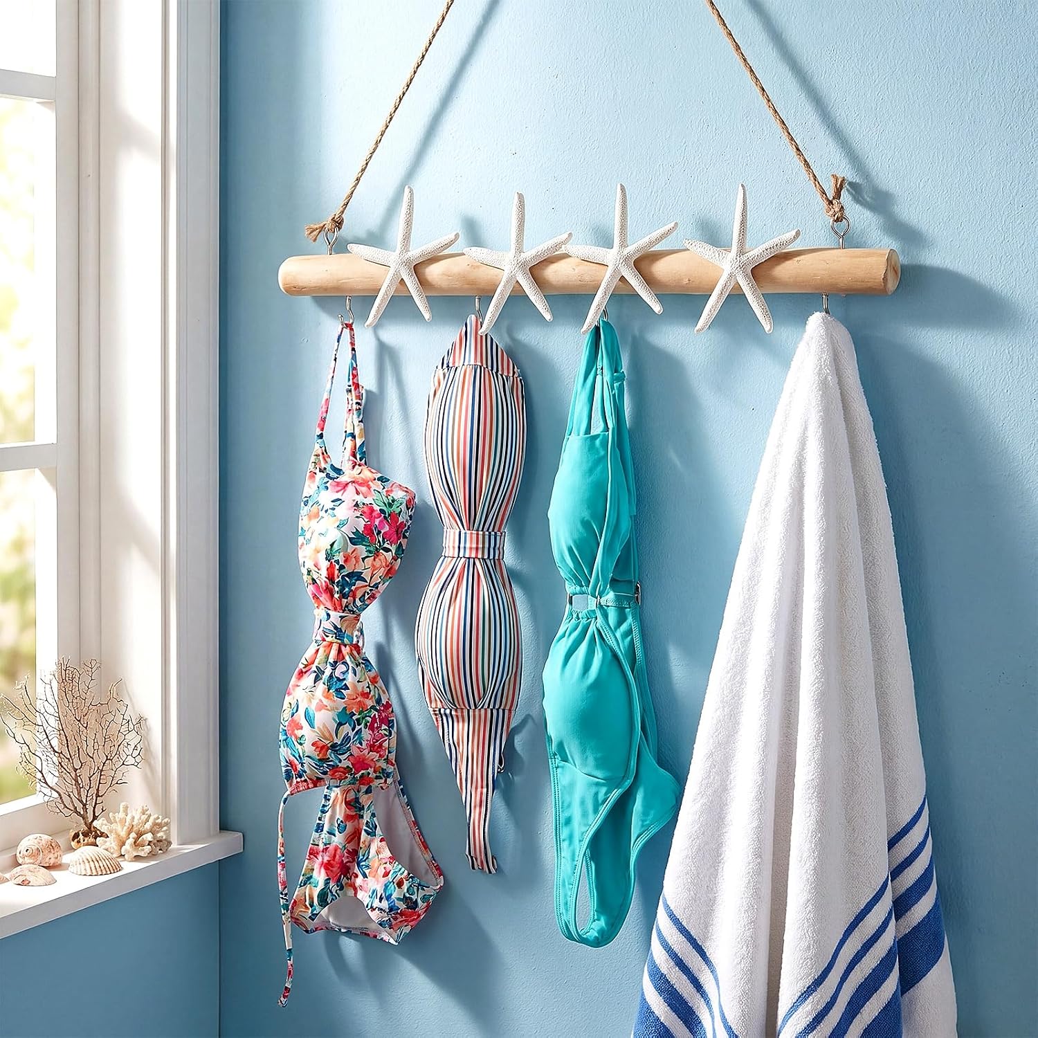 Leinuosen Driftwood Starfish Wall Hanging Jewelry Hanger 15 Inch Nautical Coastal Wall Hooks Bikini Pool Towel Rack Key Holder with 5 Hooks Rustic Wood Branch Starfish Beach Ocean Boho Party Decor
