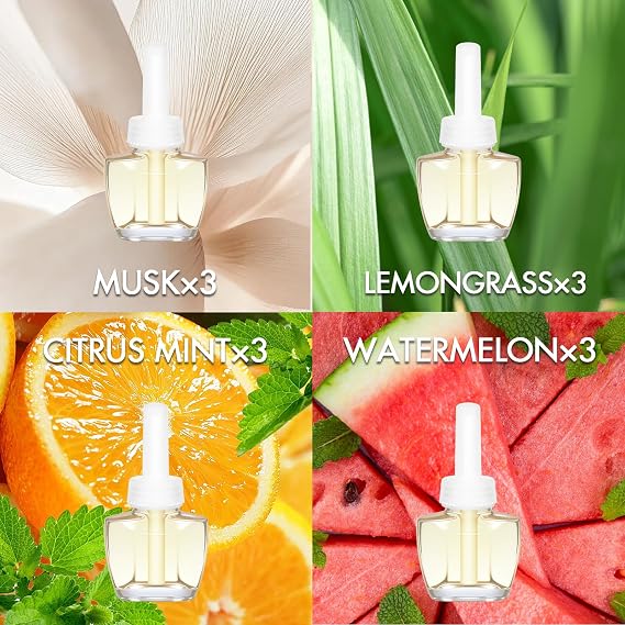 Air Freshener Plug In Refills for Home,12 Count Musk, Lemongrass, Citrus Mint, Watermelon, Summer Scented Refills for Home and Bathroom, Compatible with Air Wick & Glade