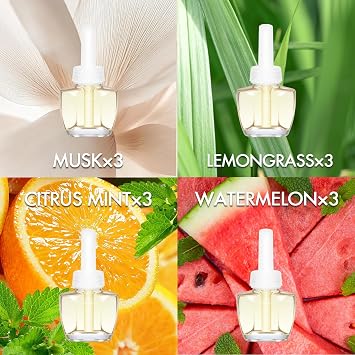 Air Freshener Plug In Refills for Home,12 Count Musk, Lemongrass, Citrus Mint, Watermelon, Summer Scented Refills for Home and Bathroom, Compatible with Air Wick & Glade